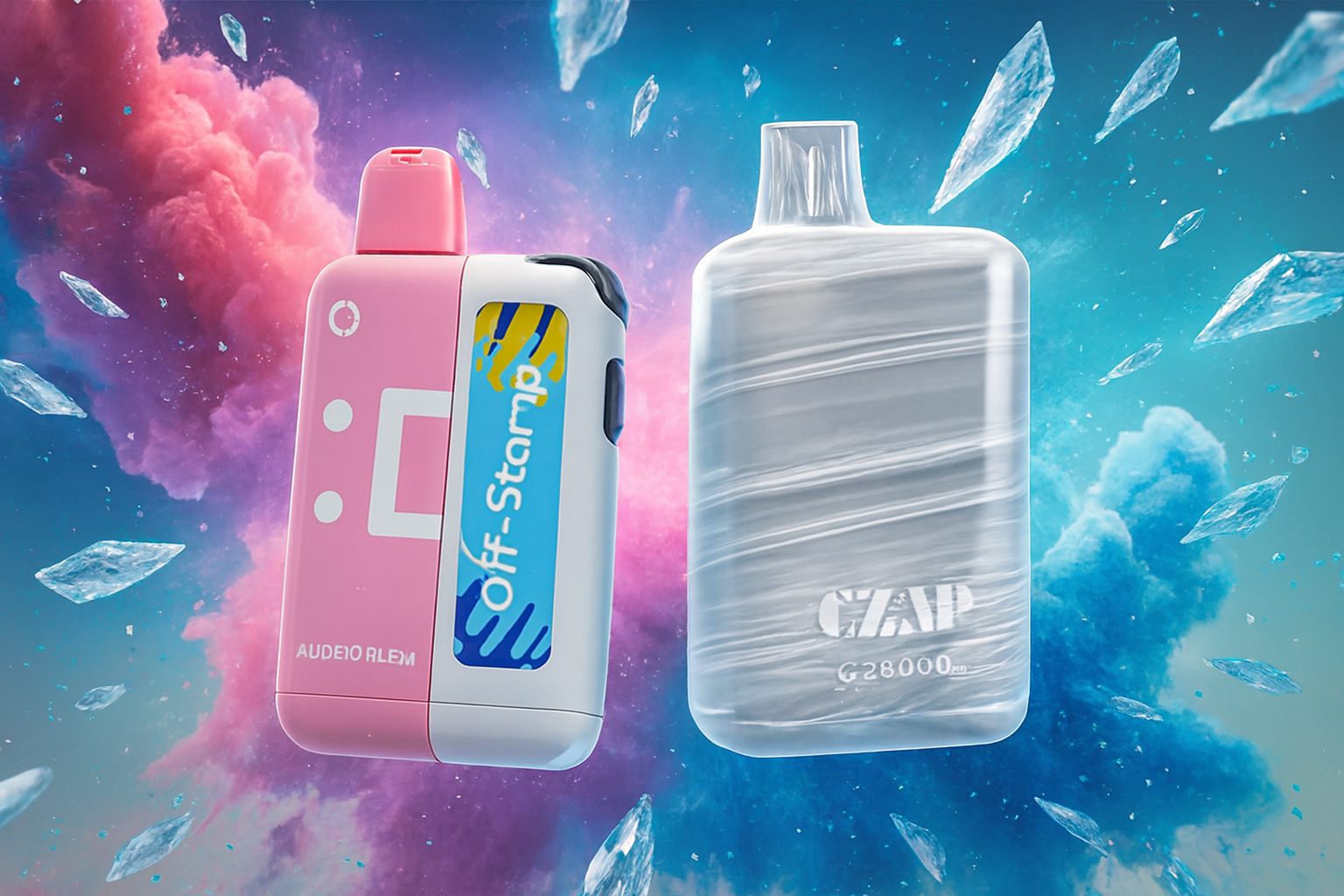 The image features two futuristic vape devices set against a cosmic-themed background with floating ice shards and swirling pink and blue clouds. The left device is pink and white, labeled “Off-Stamp” and “AUDEIO RLEM,” while the right one is translucent gray with a swirled design, marked “GZAP” and “G28000.” The vibrant setting and sleek designs emphasize a high-tech, refreshing vibe, ideal for showcasing modern flavored vape products.