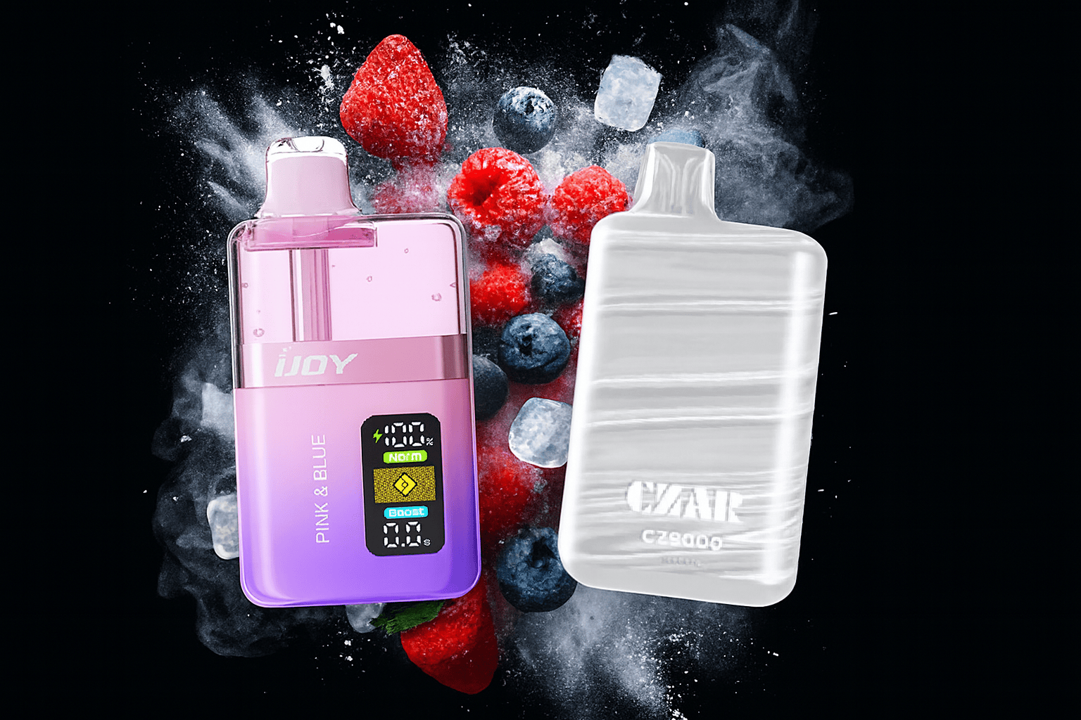 The image features two brightly colored vape devices placed among frozen berries and ice cubes, set against a cool, frosty background. The left device, in a pink and purple gradient, is labeled "iJOY PINK & BLUE" and displays a digital screen showing 100% battery, "Norm" mode, and "Boost" at 0%. The right device is white and marked "CZAR CZ8000." Surrounding elements like strawberries, raspberries, blueberries, and icy mist suggest a refreshing, fruity flavor experience with a chilled twist.