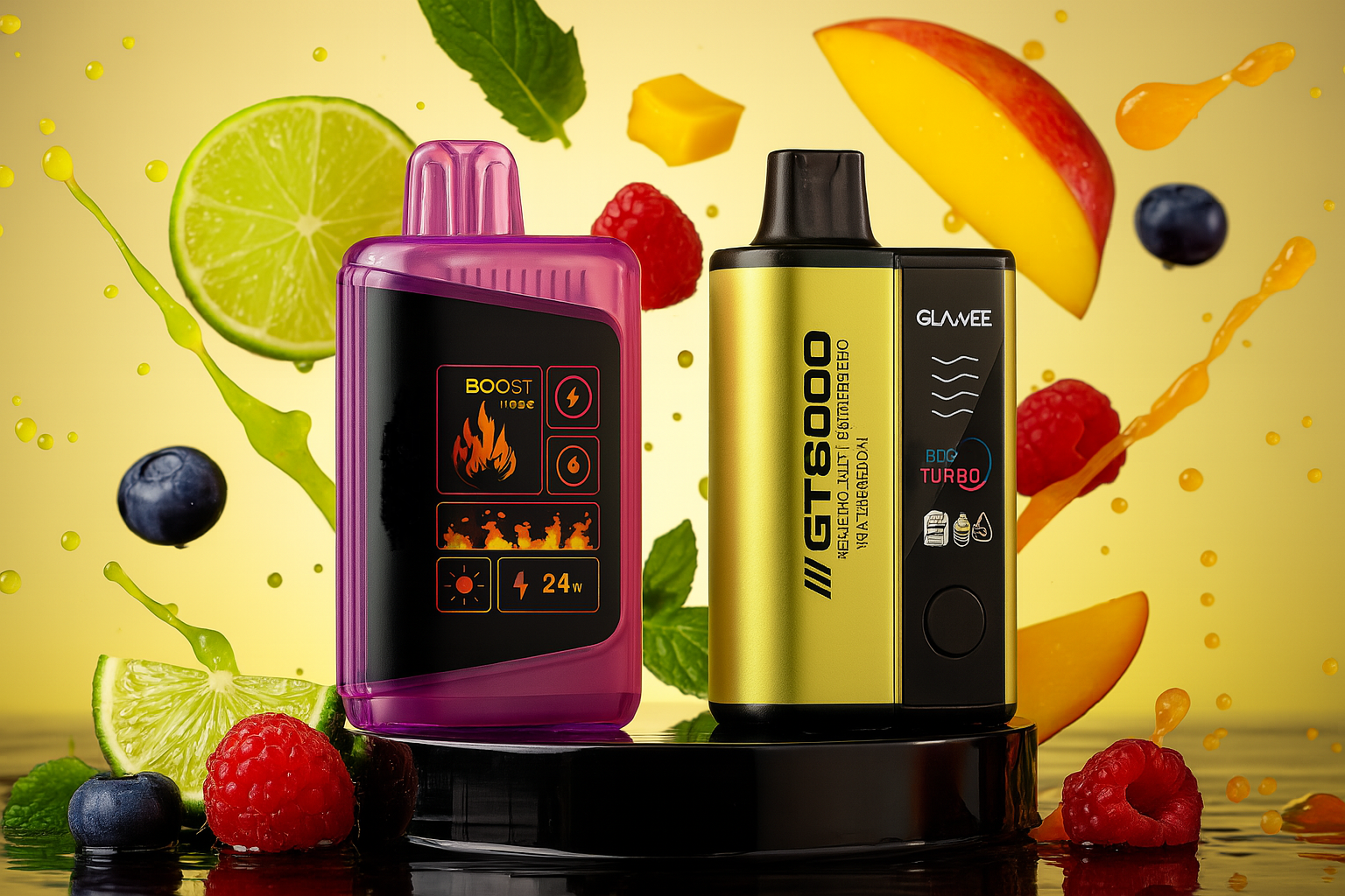 The image showcases two stylish vape devices placed on a reflective surface, surrounded by splashes of liquid and vibrant fruits like lime, blueberry, raspberry, mango, and mint leaves. The left device features a purple and black design with a display showing "BOOST mode" and "24W," while the right one is gold and black, branded "GT8000" and "GLAVEE," with the label "BIG TURBO." The composition bursts with energy and freshness, emphasizing bold flavor and high-performance design.