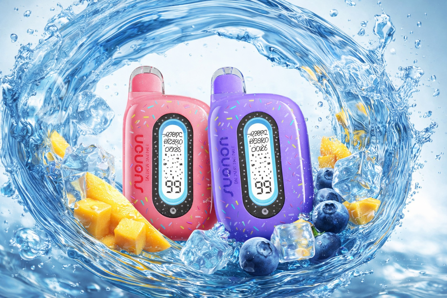 Two colorful Suonon vape devices are displayed in a refreshing, dynamic scene. The pink and purple designs with digital screens stand out among splashes of water, ice cubes, blueberries, and mango pieces. The swirling background emphasizes cool energy, bold flavors, and modern style.