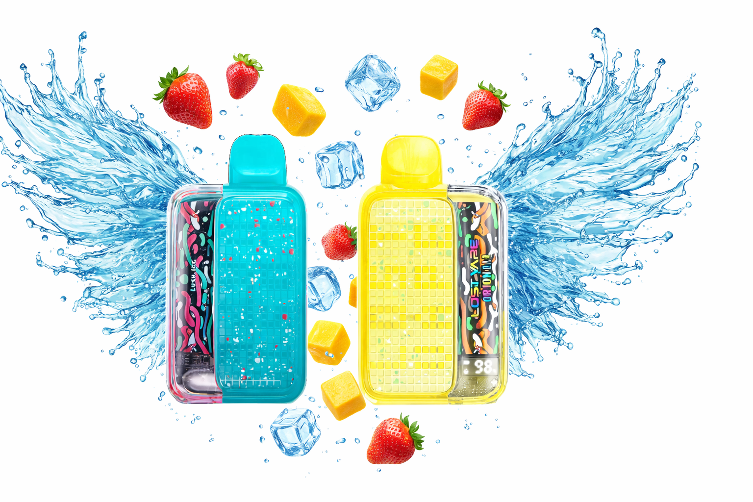 Two colorful vape devices are displayed in a vibrant, dynamic scene. The turquoise patterned design and yellow “LOST VAPE ORION MINI” stand out among splashes of water, strawberries, ice cubes, and mango pieces. The energetic composition emphasizes fruity freshness and modern style.