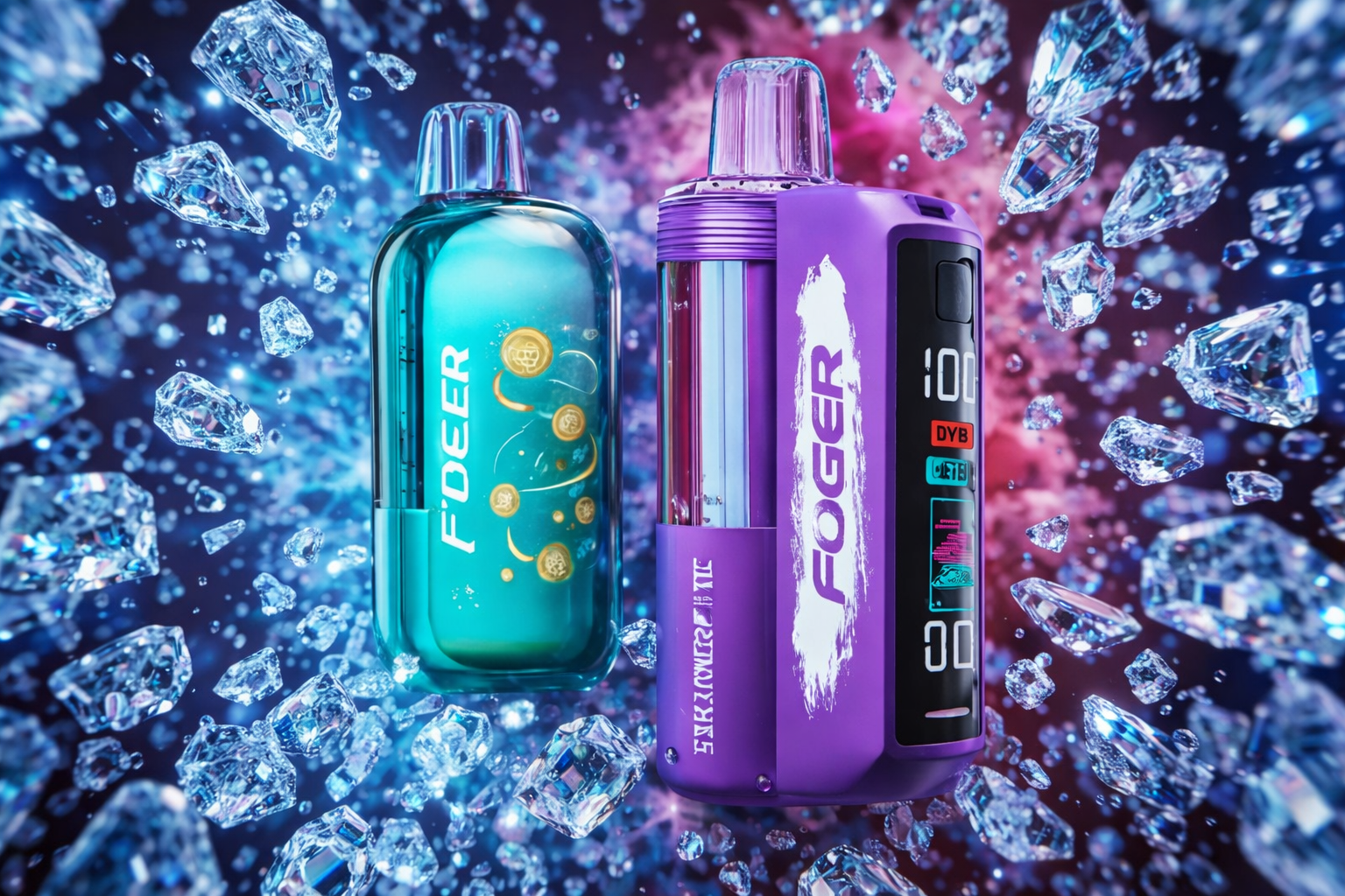 Two futuristic vape devices float among sparkling crystal shapes in a vibrant scene. The turquoise “FDEER” and purple “FOGER” stand out with sleek designs and digital displays. Explosions of blue and pink hues with diamond‑like fragments create an energetic, modern atmosphere.