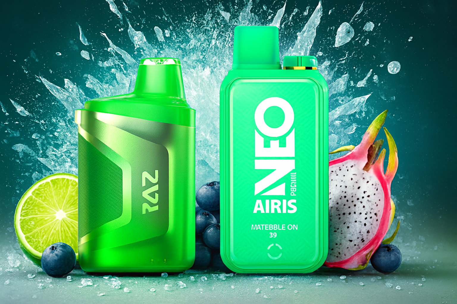The image showcases two bright green vape devices set against a vivid backdrop of splashing water and fresh fruits. The left device, labeled "RAZ," features a sleek metallic design, while the right one, marked "NEO AIRIS," includes the flavor name "PEACHZILL" and stylized text "MATEBBLE ON 39." Surrounding them are sliced lime, blueberries, and dragon fruit, emphasizing a refreshing, fruity flavor experience with a bold, tropical aesthetic.