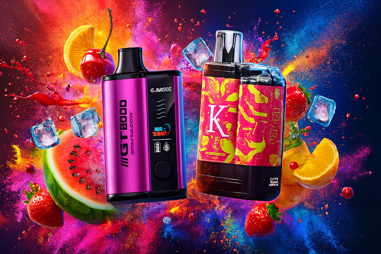 The image features two vibrant vape devices surrounded by a burst of colorful fruits, ice cubes, and splashes of neon powder. The left device, labeled "GT8000" with branding from "GIMIEGE," has a sleek metallic purple and black design and displays features like "Rechargeable" and "Pro Turbo." The right device showcases a bold abstract design with a large "K" and a mix of pink, yellow, and red tones. Watermelon, strawberries, cherries, orange slices, and ice emphasize a refreshing, fruity flavor experience with a dynamic, high-energy aesthetic.