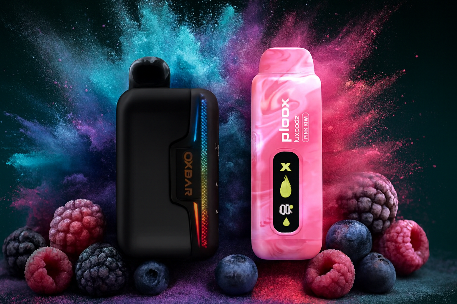 The image showcases two stylish vape devices surrounded by a burst of colorful powder and fresh berries. The left device, black with a rainbow accent, is labeled "OXBAR," while the right one features a marbled pink design with the branding "ploox luxpodz PINK KIWI" and a display showing icons and "00%." Raspberries, blueberries, and blackberries enhance the fruity, refreshing theme, while the vibrant blue, purple, and pink background adds dynamic energy and visual appeal.