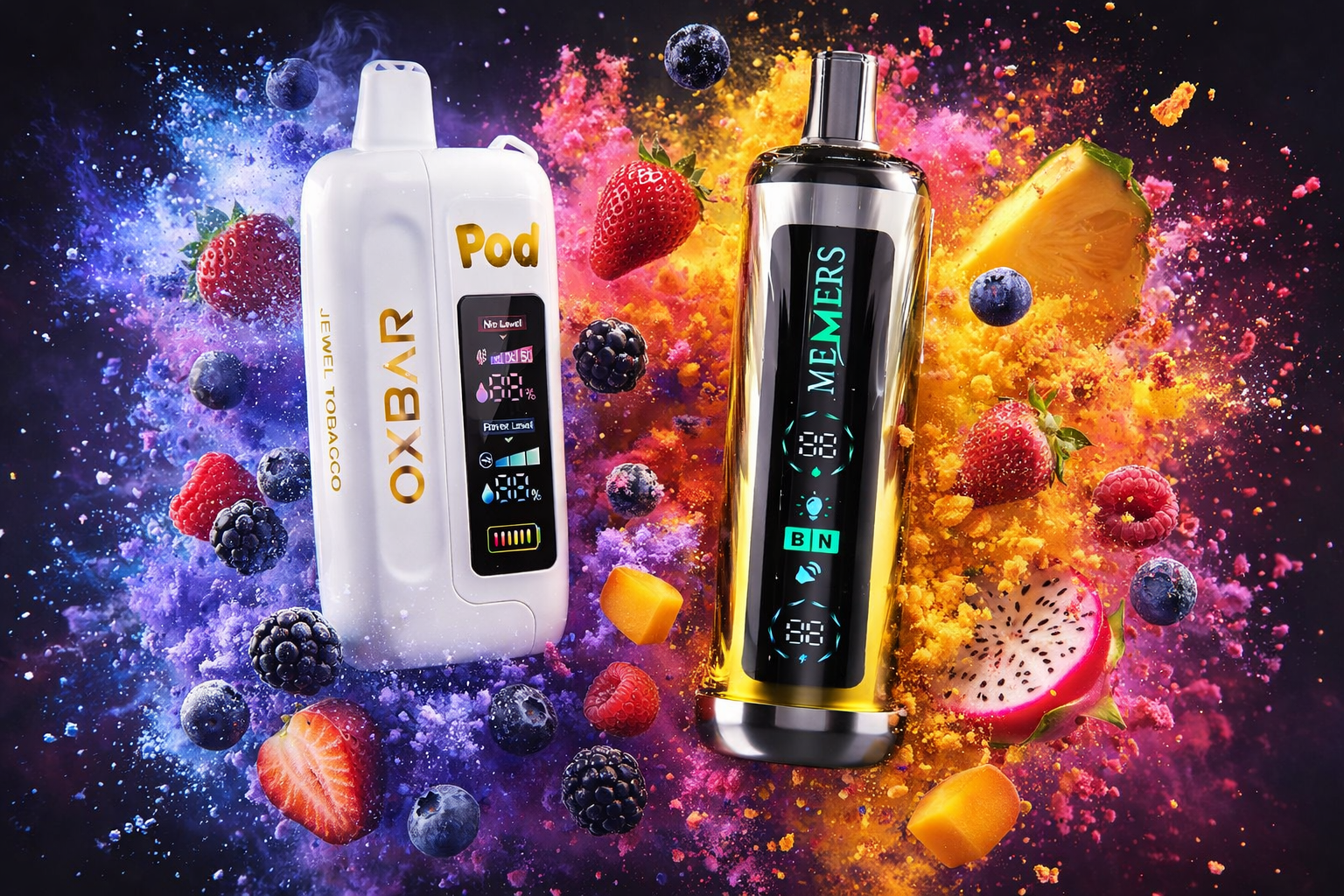 The photo shows two modern vape devices surrounded by a burst of colorful fruits and powder explosions. On the left, the white “OXBAR Jewel Tobacco” device displays digital indicators like nicotine and power levels. On the right, the metallic “MEMERS” device glows with illuminated icons, set against a vibrant mix of strawberries, blueberries, dragon fruit, pineapple, and citrus chunks for a dynamic, flavor-packed scene.