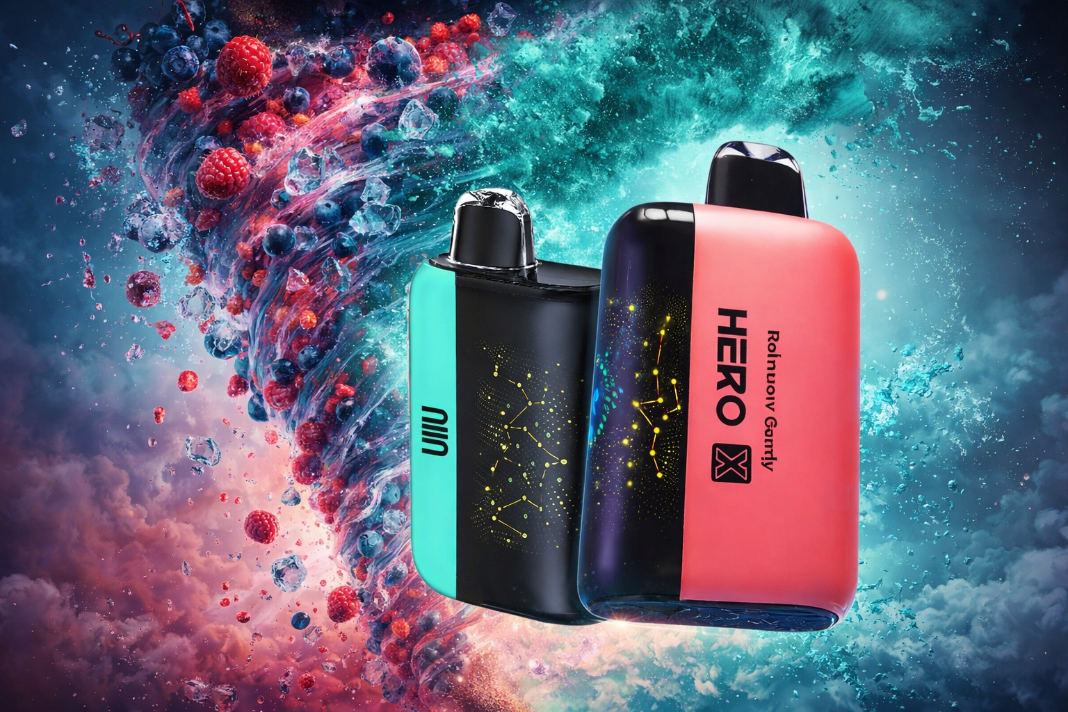 The photo features two sleek vape devices set against a cosmic, swirling background of blues, purples, and pinks. Floating berries and ice cubes emphasize a fruity and refreshing flavor theme. One device is turquoise and black with “UIIU” branding, while the other is coral red and black labeled “HERO X Rainbow Gently,” both accented with constellation-like patterns for a futuristic touch.