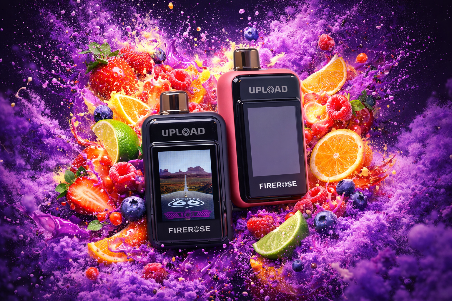 The photo shows two rectangular vape devices labeled “UPLOAD” and “FIREROSE,” each with metallic tops and digital screens. One device displays a Route 66 road sign, while the other has a blank screen. They are surrounded by a vibrant explosion of purple powder and fruits like strawberries, raspberries, blueberries, lime, and orange slices, creating a dynamic and energetic composition.