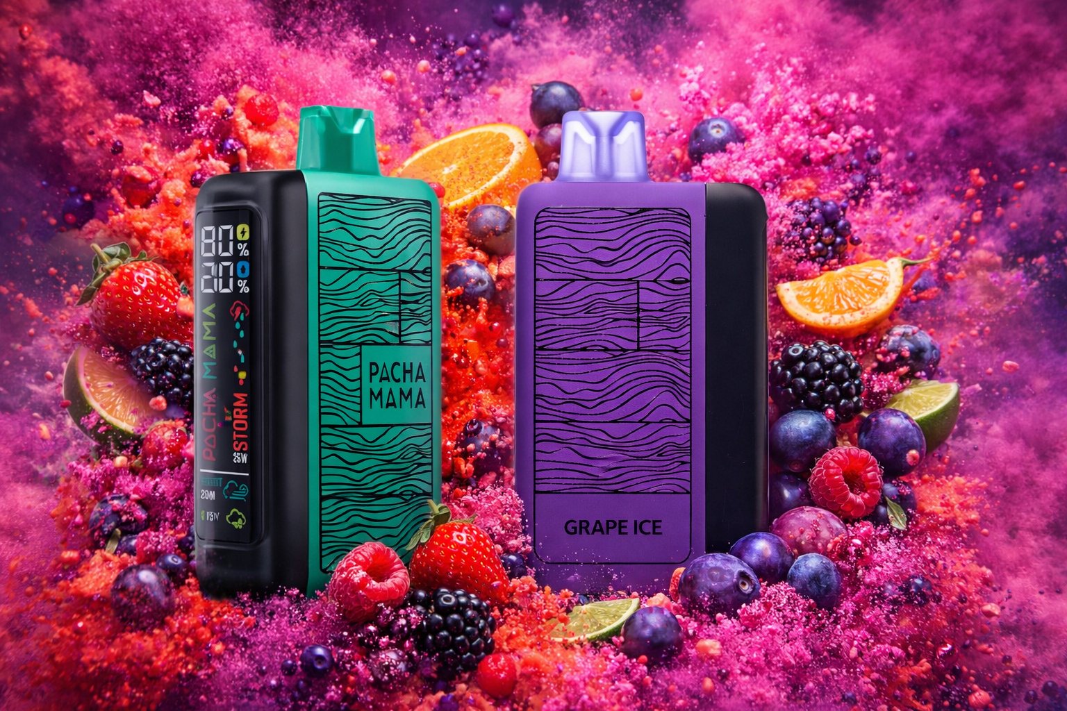 The photo shows two colorful vape devices surrounded by a vivid explosion of fruits and powder. The green and black device is branded “PACHA MAMA STORM” with a side display showing battery and power indicators, while the purple and black one is labeled “GRAPE ICE.” Around them are strawberries, raspberries, blackberries, blueberries, lime, and orange slices set against a dynamic pink and purple background, emphasizing flavor and energy.
