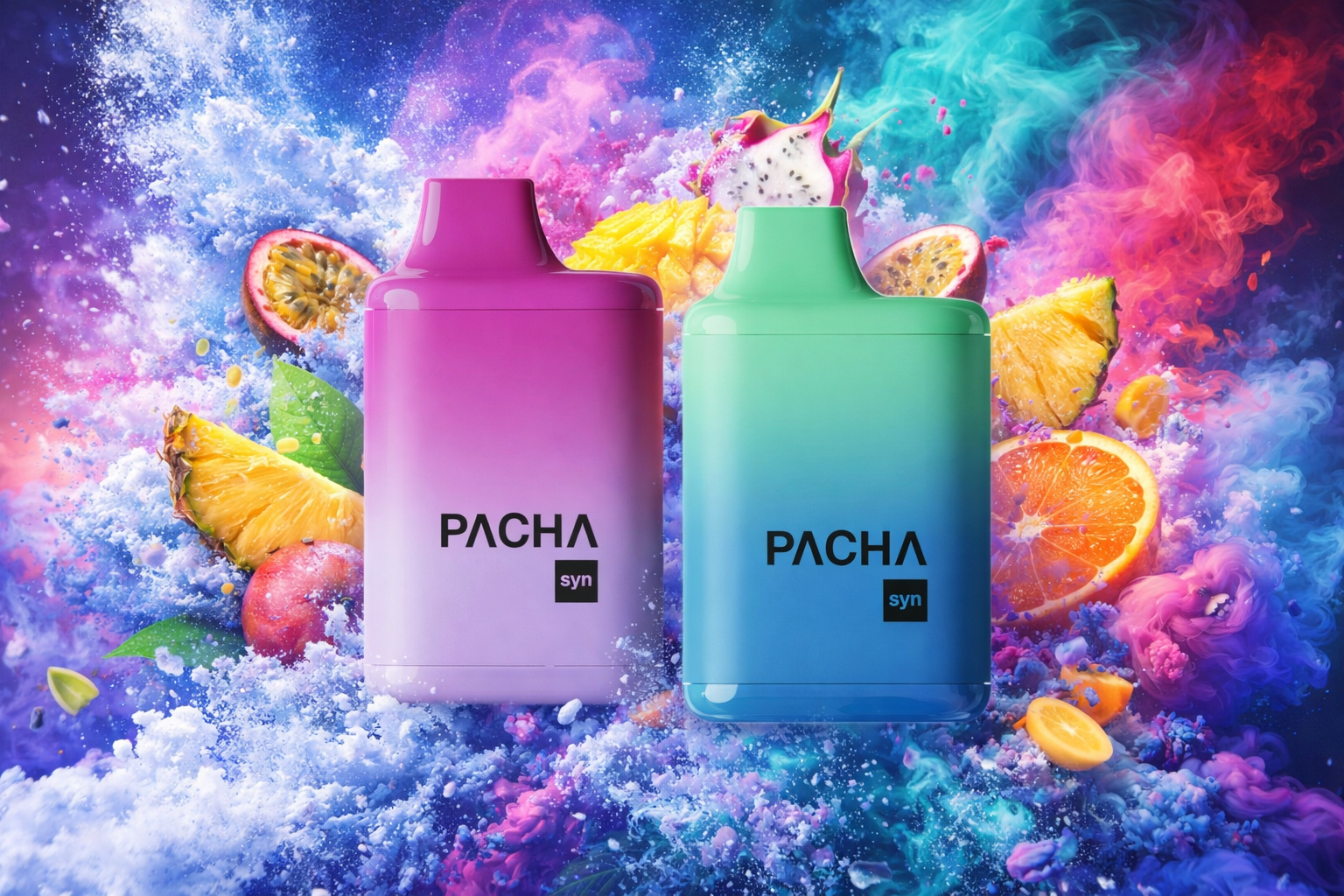The photo shows two colorful vape devices branded “PACHA syn” with sleek gradient designs. The left device shifts from purple to pink, while the right transitions from green to blue. They are surrounded by vibrant splashes of color and fruits like pineapple, orange, passion fruit, and dragon fruit, creating a lively and flavor-rich composition.