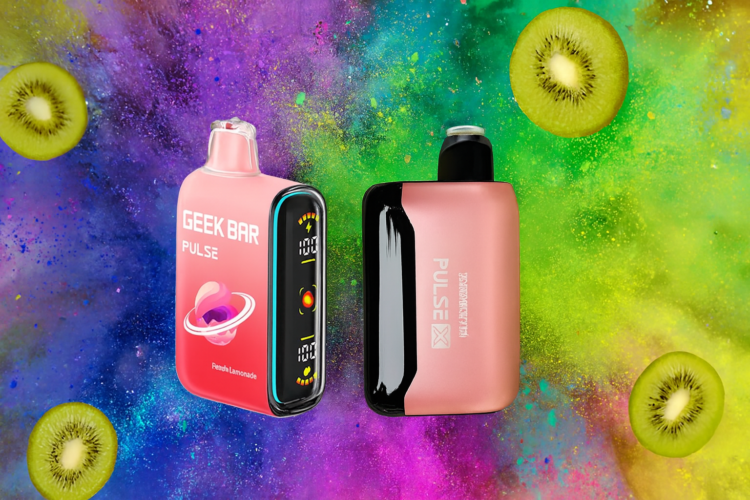 The image displays two sleek vape devices set against a vibrant backdrop of swirling colors—purple, blue, green, and yellow—with scattered kiwi slices adding a fresh, tropical vibe. The left device, labeled "GEEK BAR PULSE" and "Peach Lemonade," features a digital display with bold indicators, while the right one, marked "PULSE X," showcases a modern design with technical branding. The overall composition is energetic and fruity, emphasizing flavor and style.