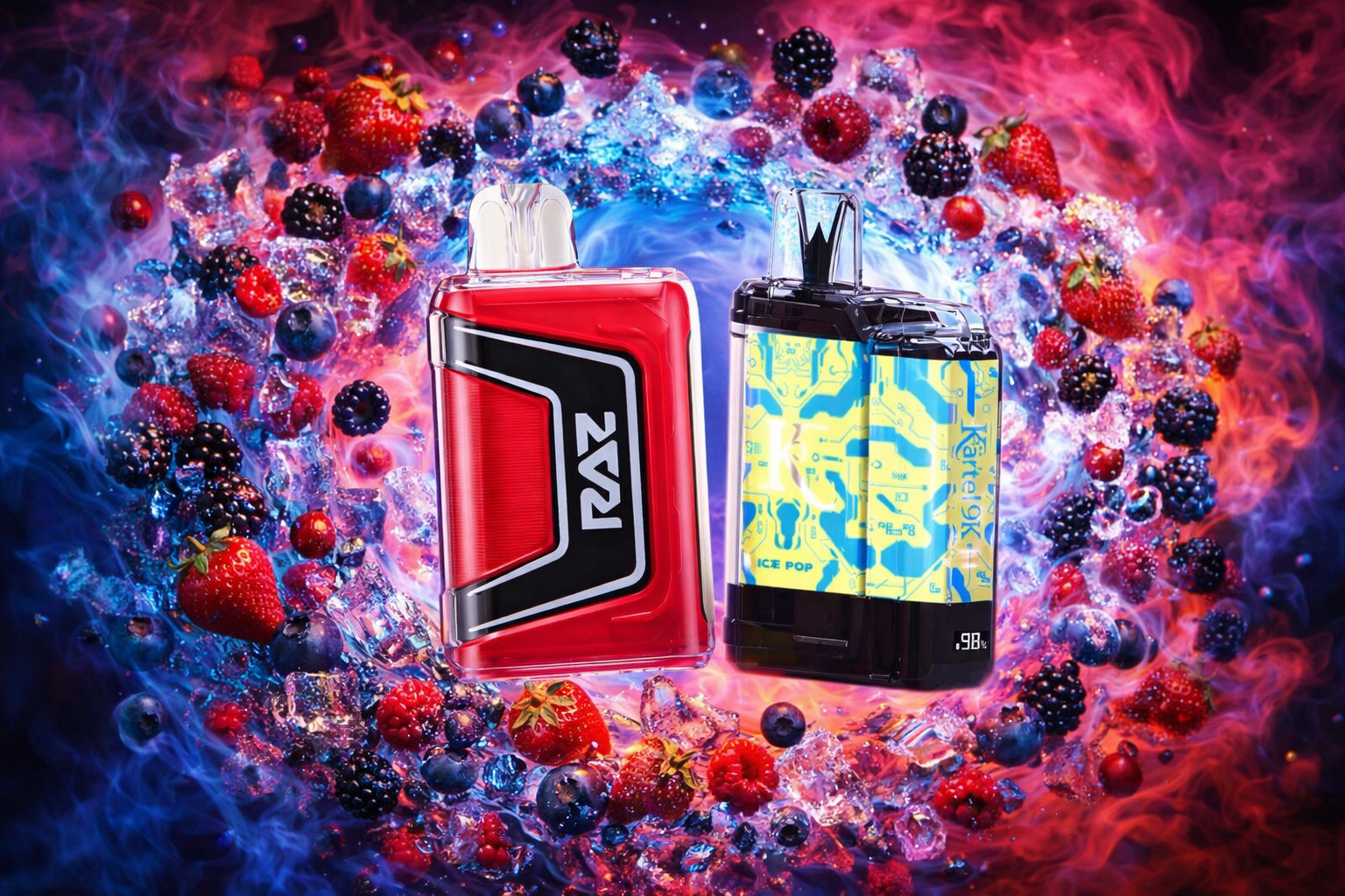 The photo shows two colorful vape devices surrounded by swirling ice cubes and assorted berries. The red device with black and silver accents is branded “RAZ,” while the blue and yellow one features a circuit-like design with the text “ICE POP” and “.98.” The background mixes vivid blue and red vapor clouds, creating a dynamic and energetic flavor-focused scene.