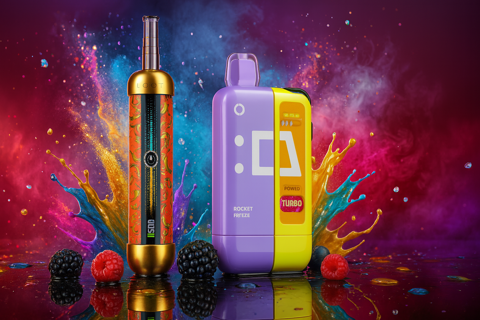 The image features two vibrant vape devices set against a splashy, high-energy background filled with liquid bursts and fresh berries. On the left, the cylindrical “LOST MARY” device combines a metallic gold top and bottom with a red-and-black patterned body labeled “VMT,” exuding a bold, edgy vibe. On the right, the rectangular “ROCKET FREEZE” device in purple and yellow displays playful text like “:D,” “POWERED,” and “TURBO,” suggesting dynamic performance and a fun personality. Surrounding them are colorful splashes of blue, orange, and yellow, along with raspberries and blackberries, creating a visually striking composition that blends flavor intensity with modern design flair.