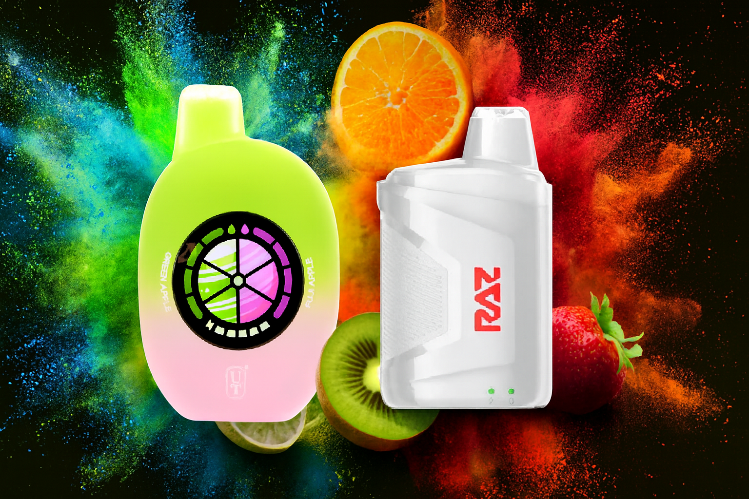 The image displays two vibrant vape devices set against a dynamic backdrop of powdered color bursts and fresh fruits. The left device features a neon green-to-pink gradient with a circular stained-glass-like design and the words "GREEN APPLE" and "PURPLE" flanking it. The right device is sleek and white with bold red "RAZ" branding and two glowing green indicator lights. Surrounding kiwi, lime, orange slices, and a strawberry emphasize a lively, fruity flavor experience with a visually explosive energy.