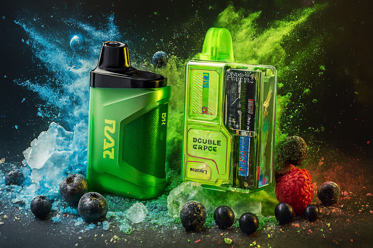 The image showcases two vibrant vape devices surrounded by a burst of fruits, ice, and colorful powder. The left device, labeled "RAZ," features a bold green and black design, while the right one, marked "DOUBLE GRAPE," has a transparent green casing revealing its inner components and vivid packaging. Blueberries, raspberries, blackberries, and icy shards enhance the energetic composition, evoking a cool, fruity explosion of flavor.
