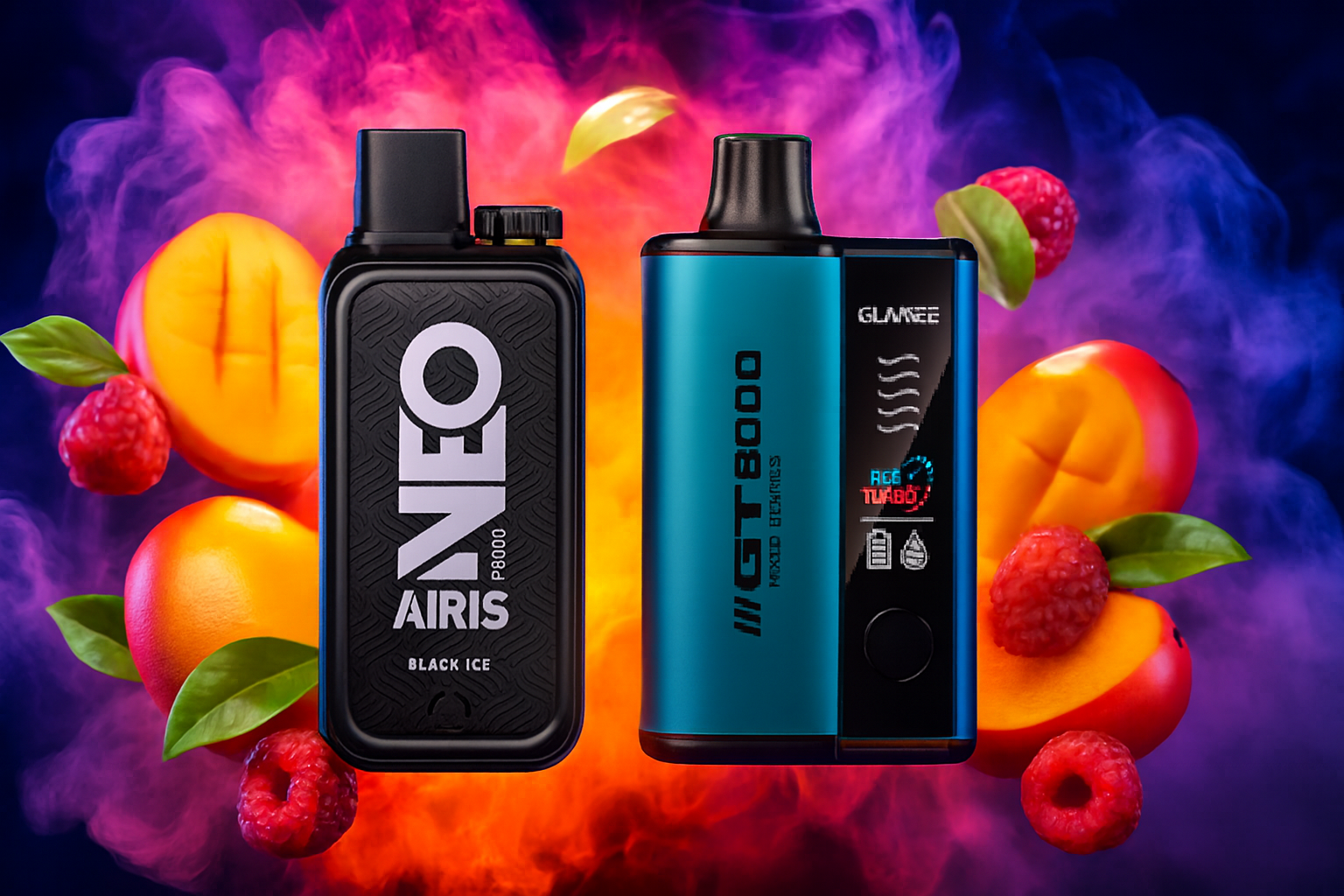 The image showcases two stylish vape devices set against a vibrant backdrop of swirling smoke and fresh fruit elements like mangoes, raspberries, and green leaves. On the left is the sleek black "NEO AIRIS P8000 BLACK ICE," while the right features the bold blue "GLAMEE GT8000 MIXED BERRIES" with a digital display showing battery, liquid level, and a turbo mode labeled "ACE TURBO!" The composition emphasizes flavor intensity and modern design, creating a dynamic and eye-catching visual.