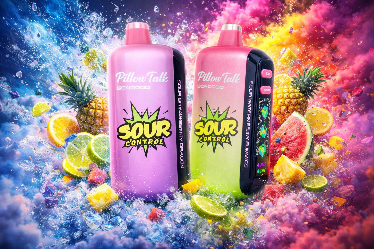 The photo shows two brightly designed bottles labeled “Pillow Talk SC40000 SOUR CONTROL.” The purple bottle features the flavor “SOUR CITY AWESMIFY DRAGON,” while the pink and green one highlights “SOUR WATERMELTY GUMMICS.” They are surrounded by splashes of vibrant color, ice cubes, and fruits like pineapple, orange, lime, lemon, and watermelon, creating a bold and energetic composition.