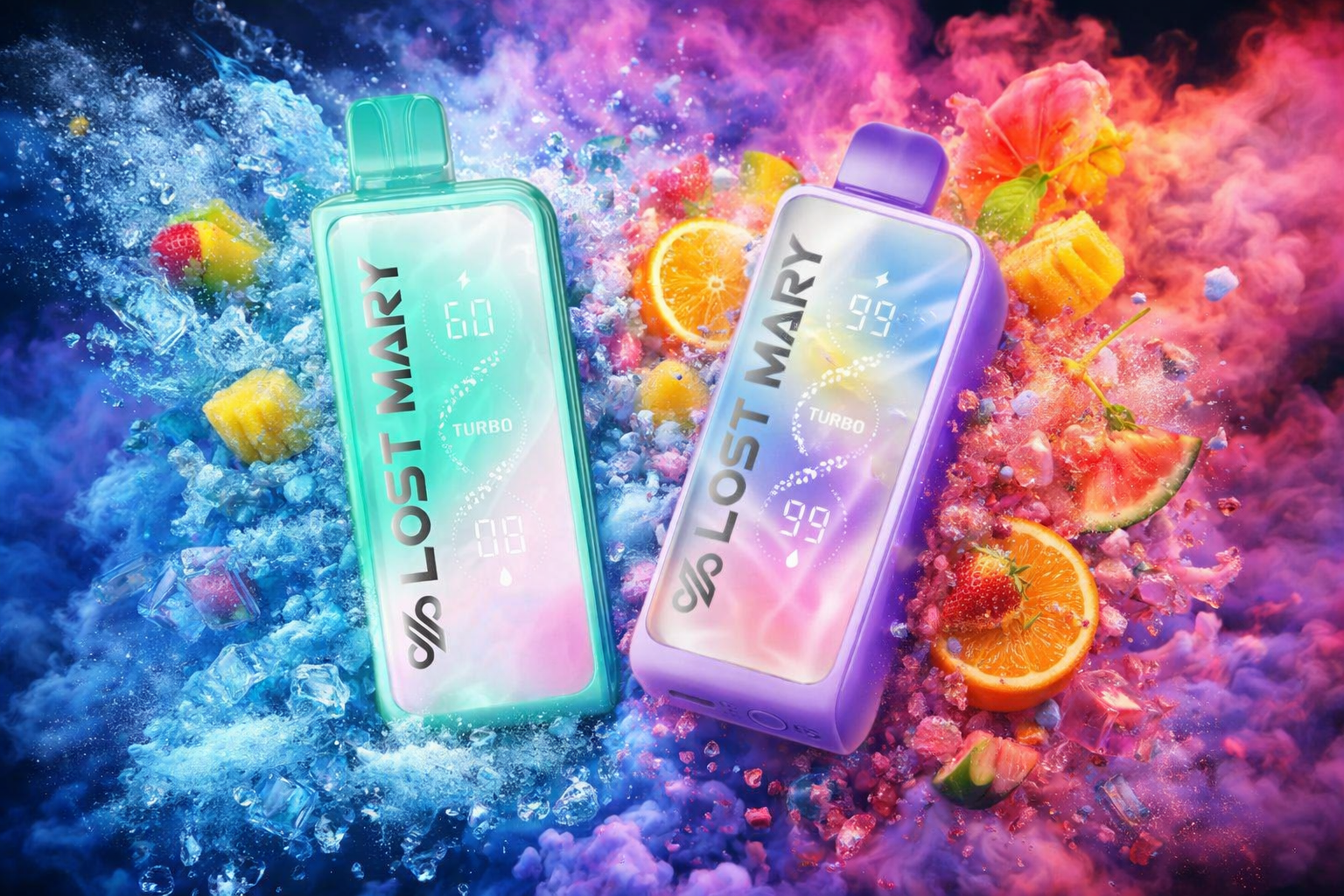 The photo shows two colorful vape devices branded “LOST MARY” with sleek rectangular designs and digital displays. The turquoise-green device shows numbers like “60,” “TURBO,” and “08,” while the purple one displays “99,” “TURBO,” and “99.” They are surrounded by splashes of vibrant color, ice cubes, and fruits such as orange, watermelon, strawberries, and pineapple, creating a lively and energetic scene.