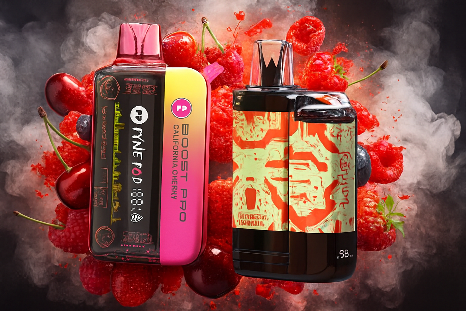 The image features two bold vape devices set against a smoky, fruit-filled backdrop. The left device, labeled "BOOST PRO CALIFORNIA CHERRY" and "DYNEPOD 188," showcases a vibrant gradient of pink, yellow, and black, while the right one displays a sleek black and orange abstract design with a digital readout showing "98%." Surrounding them are cherries, raspberries, blueberries, and swirling smoke, creating a rich, flavorful atmosphere that highlights the fruity essence and modern appeal of the products.