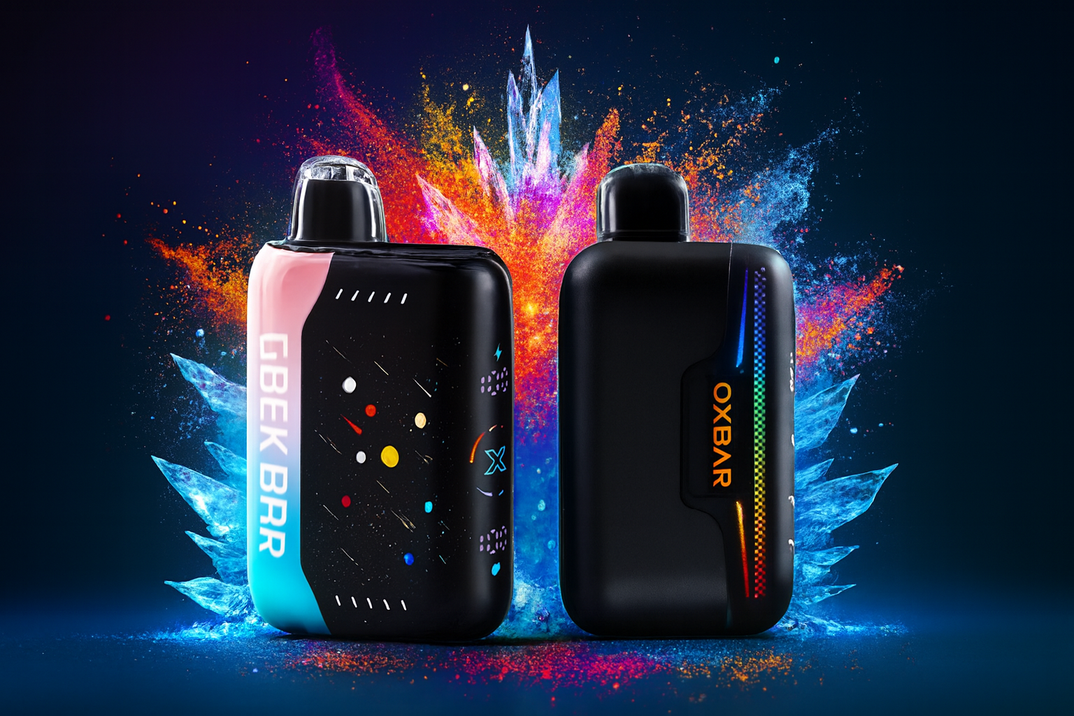 The image presents two sleek vape devices set against a vibrant explosion of color and crystalline textures. The left device features a black body with a pink-blue gradient side panel and cosmic dot patterns, labeled "GBEK BRR." The right device is matte black with a vertical rainbow strip and bold orange "OXBAR" branding. Surrounding bursts of orange, pink, blue, and purple powder, along with icy crystal shards, create a dynamic, futuristic atmosphere that highlights the stylish design and energetic vibe of the products.