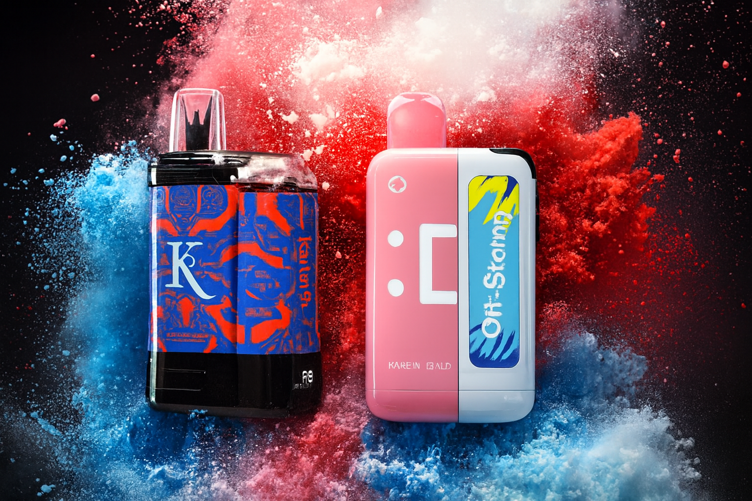 The image features two colorful vape devices set against a dynamic backdrop of red and blue powder bursts. The left device showcases bold red and blue patterns with a prominent white "K" and the branding "Kailian9," while the right device has a playful pink and white design with a stylized face symbol and the text "Ori-Starnp" and "KAREIN BALD." The vibrant background and scattered color create an energetic, eye-catching composition that highlights the unique character and flavor appeal of each device.