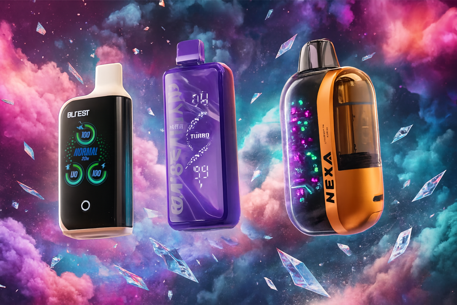 The image displays three futuristic vape devices floating against a dreamy cosmic backdrop of swirling pink, purple, and blue clouds with scattered crystal shards. Each device has a distinct look: the left one, labeled "BLUEST," features a digital interface with circular gauges; the middle one is sleek and purple with bold "TURBO" mode indicators; and the right one, branded "NEXA," showcases illuminated internal components through a transparent casing. The overall composition evokes a sense of advanced technology and vibrant energy.