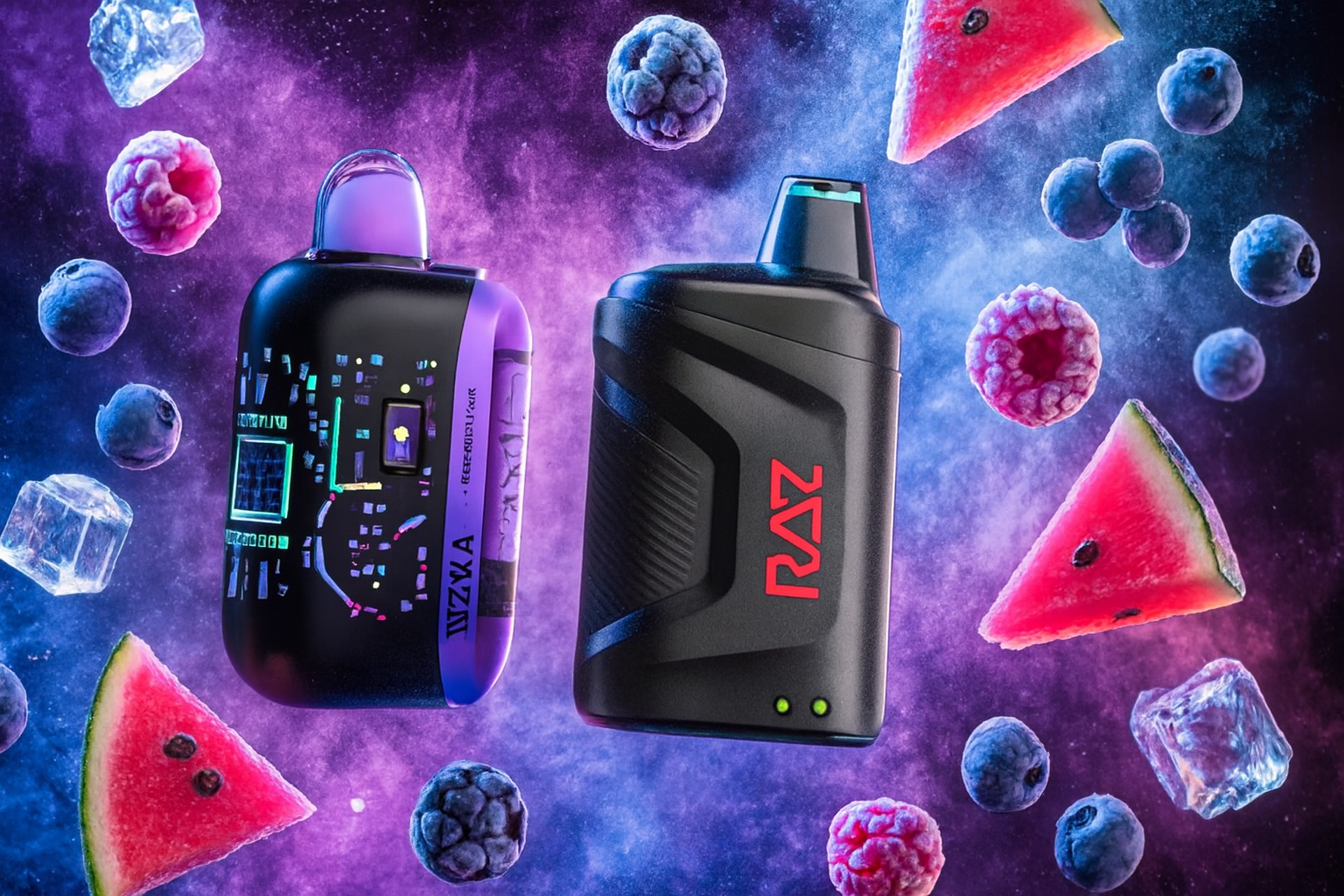 The image displays two vibrant vape devices set against a cosmic-themed background filled with floating fruits and icy elements. The left device, in black and purple, is labeled "WZKA" with "RECHARGEABLE VAPE" printed on its side, while the right device is black with bold red "RAZ" branding and two glowing green indicator lights. Surrounding blueberries, raspberries, watermelon slices, and ice cubes emphasize a refreshing, fruity flavor experience with a futuristic visual flair.