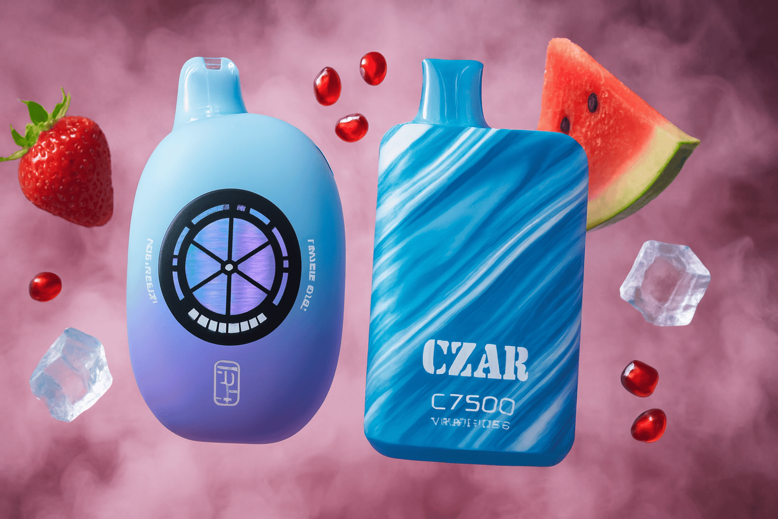 The image features two colorful vape devices set against a smoky pink backdrop, surrounded by fresh fruits and ice. The left device, labeled "FANSEE Q10," has a sleek oval shape with a blue-purple gradient and a turbine-like circular design. The right device, "CZAR C7500 VAPE MODES," displays a marbled blue pattern and rectangular form. Scattered around are a strawberry, watermelon slice, pomegranate seeds, and ice cubes, evoking a cool, fruity flavor experience with a modern, energetic vibe.