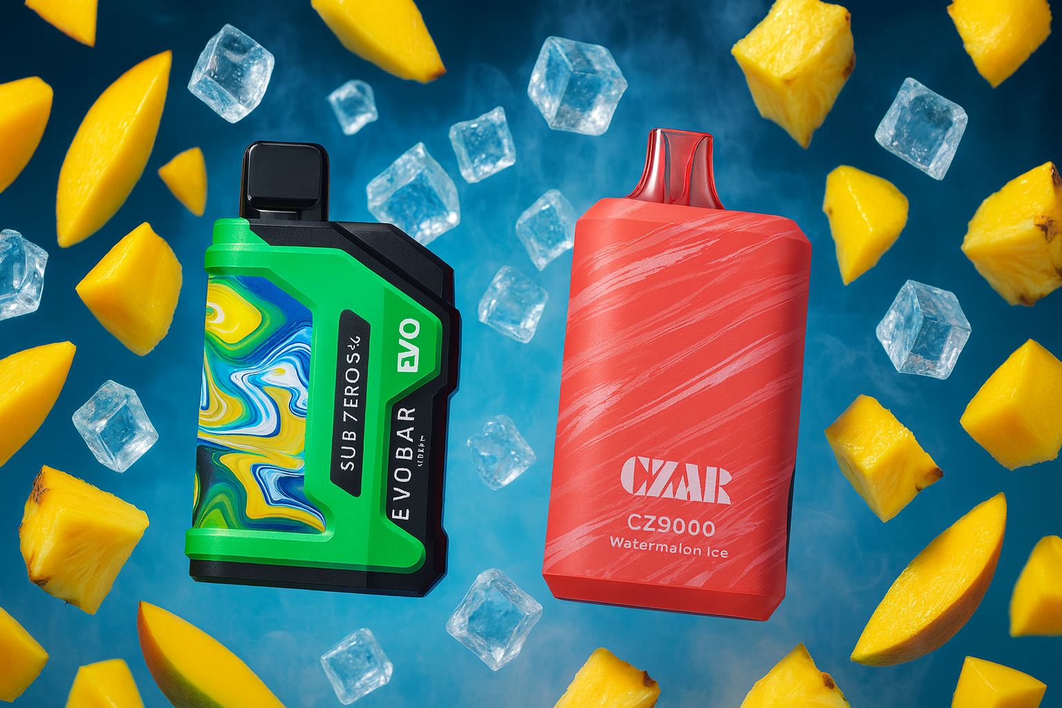 The image features two colorful vape devices set against a vibrant blue background with floating ice cubes and mango slices. The left device, labeled "SUB ZERO S-6 EVOBAR," has a green and multicolored design, while the right one, marked "CZAR CZ9000 Watermelon Ice," sports a bold red look with diagonal streaks. The composition evokes a cool, tropical vibe, highlighting fruity flavors and a refreshing sensation.