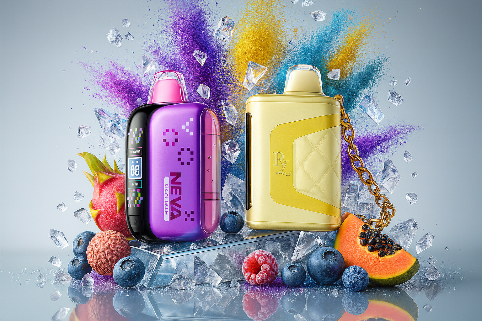 The image showcases two eye-catching vape devices set against a vivid backdrop of colorful powder bursts and fresh fruits. On the left, the purple “NEVA” device features a vertical digital display, exuding a sleek, tech-forward vibe. On the right, a gold vape with a quilted texture and attached chain adds a luxurious, fashion-inspired touch, embossed with elegant detailing. Surrounding them are blueberries, raspberries, lychee, dragon fruit, and papaya, scattered among ice cubes and vibrant splashes of purple, blue, and orange. The composition blends modern design with tropical freshness, creating a dynamic and flavor-rich visual experience.