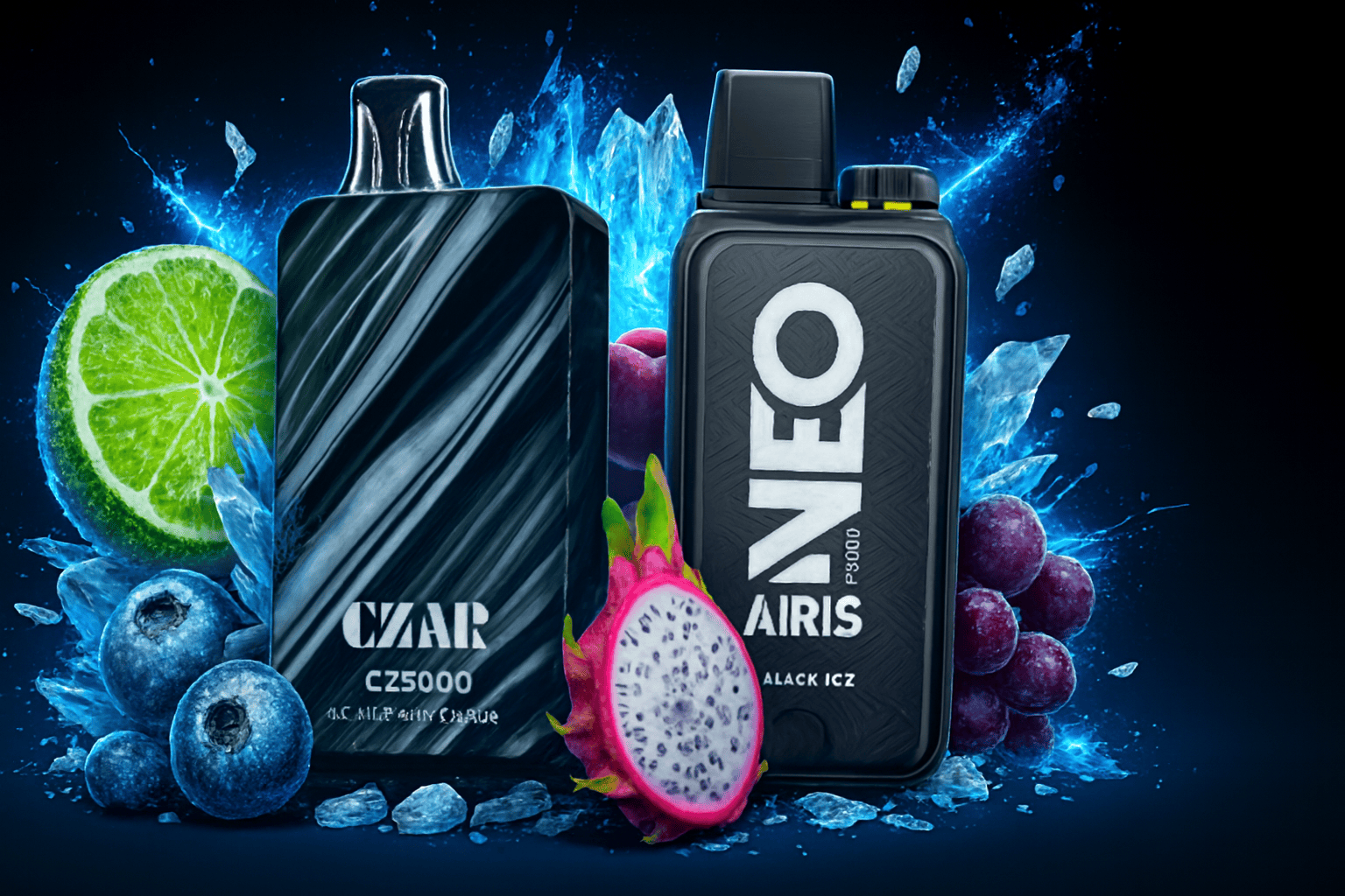 The image features two sleek vape devices surrounded by vibrant fruits and icy elements against a dark, dramatic background. The left device, labeled “CZAR CZ5000,” has a black and gray marbled design, while the right one, marked “NEO AIRIS PS9000 BLACK ICZ,” showcases a textured black surface with bold white text. Around them are sliced lime, blueberries, grapes, and dragon fruit, all set among blue ice shards, emphasizing a cool, fruity flavor experience.