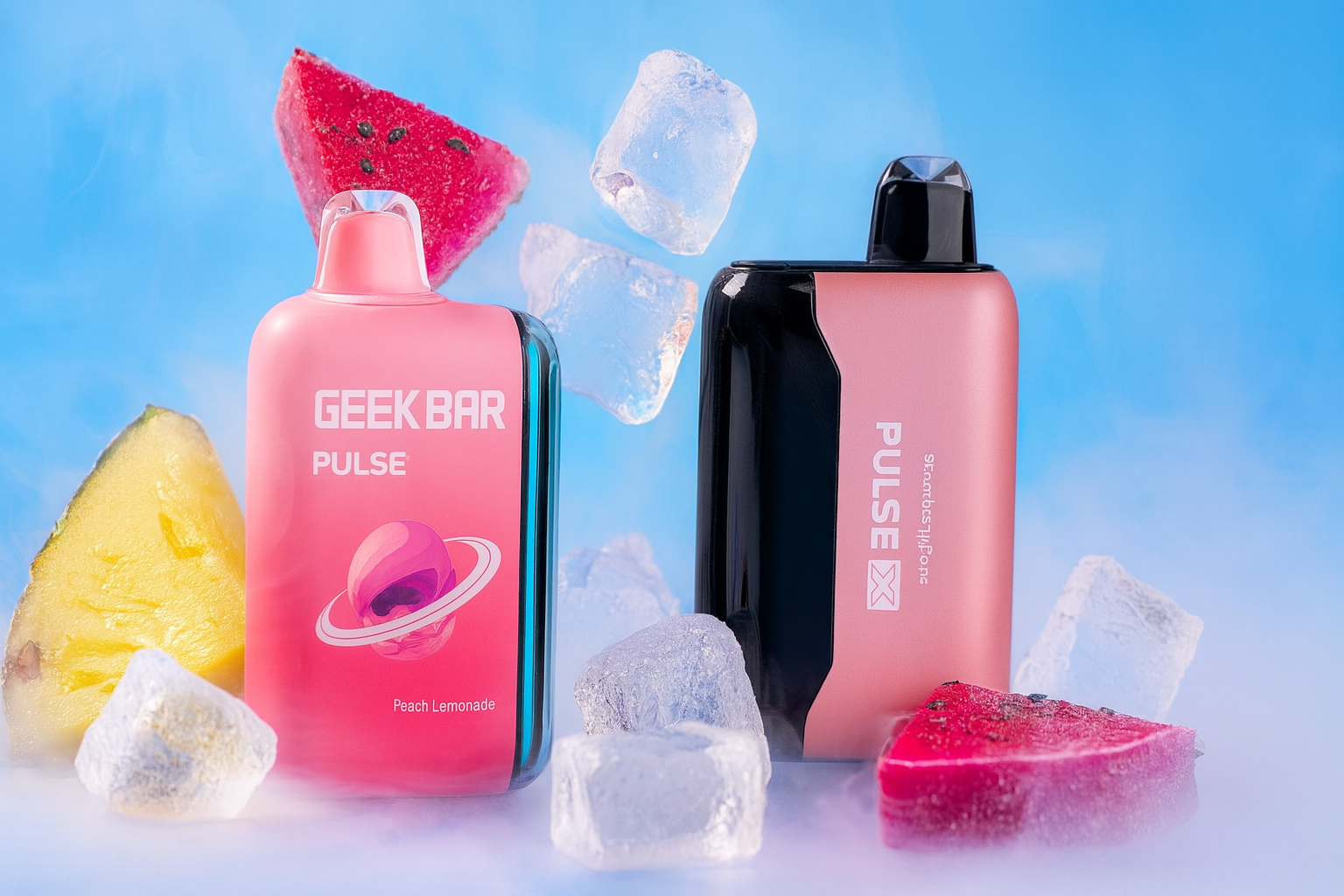 The image features two vibrant vape devices set against a cool blue background with ice cubes and slices of watermelon and pineapple. The left device, labeled "GEEK BAR PULSE Peach Lemonade," has a pink design with a planet graphic, while the right device, marked "PULSE X Smartcore Flip Tech," combines pink and black tones. The fruity elements and icy visuals suggest a refreshing, tropical flavor experience with a sleek, modern aesthetic.