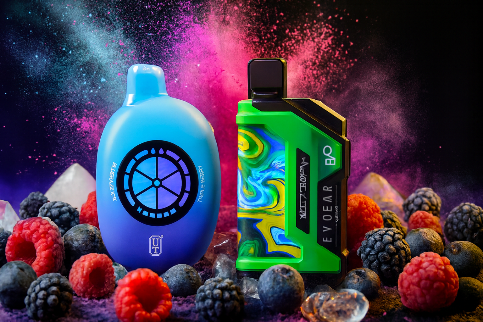 The image features two colorful vape devices set against a vibrant backdrop of splashing red liquid, ice cubes, and assorted berries like blueberries, raspberries, and blackberries. The left device is black with diagonal yellow slits and a yellow cap, while the right one is black with blue accents and labeled “BLUEBERRY RASPBERRY.” The dynamic composition emphasizes a cool, fruity flavor theme with a bold, modern design.