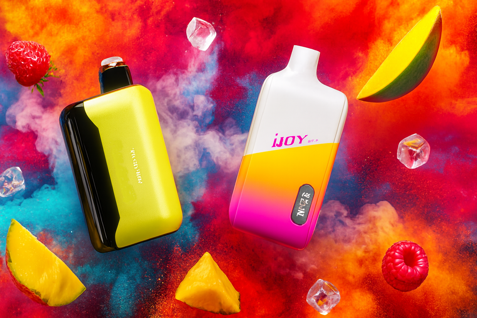 The image showcases two vibrant vape devices set against a swirling, multicolored background of red, orange, pink, blue, and purple hues. The left device is yellow and black with faint "iJOY" branding, while the right one features a gradient of white, pink, orange, and yellow, clearly labeled "iJOY" and "SIT.P," with a digital screen displaying "M7.8" and various icons. Surrounding the devices are fresh fruit elements including mango slices, raspberry, strawberry, pineapple chunks, and scattered ice cubes, all contributing to a bold, refreshing flavor theme. The composition blends tropical energy with sleek design, ideal for promoting flavorful vape experiences.