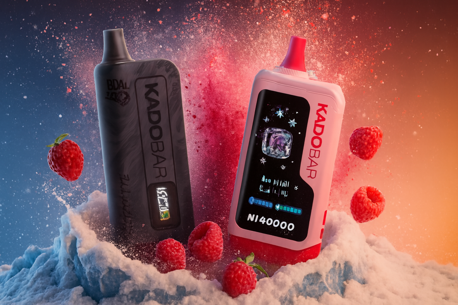 The image showcases two vape devices placed against a vibrant backdrop of snow-like powder and floating raspberries. The left device is sleek and black with a digital display showing "15251" and the label "BDAL," while the right device is pink with a red mouthpiece and a larger screen displaying various digital elements, including "NI40000." The background transitions from blue to orange with a burst of red powder, creating a dynamic, energetic atmosphere that highlights the fruity and high-tech appeal of the products.