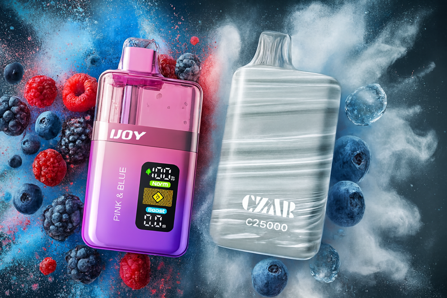 The image features two stylish vape devices set against a vibrant backdrop of berries and swirling vapor clouds. The left device, labeled "IJOY," has a pink-to-purple gradient with a digital display showing battery level, mode options ("Norm" and "Boost"), and a timer. The right device, "CZAR C25000," sports a sleek marbled gray design. Surrounding raspberries, blueberries, and blackberries emphasize a rich, fruity flavor theme with a modern, high-tech aesthetic.