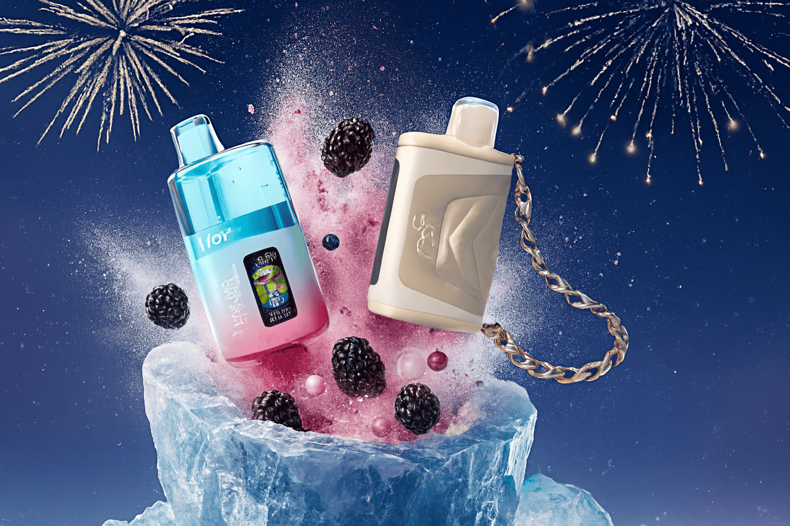 The image displays two vape devices set against a festive, colorful backdrop with fireworks and icy textures. One device features a gradient of blue and pink with the brand name "IJOY," Chinese characters, and a vibrant screen, while the other is beige with a sleek design and a gold chain. Surrounding blackberries, blueberries, and pink spheres enhance the fruity and refreshing theme, creating a celebratory and visually appealing composition.