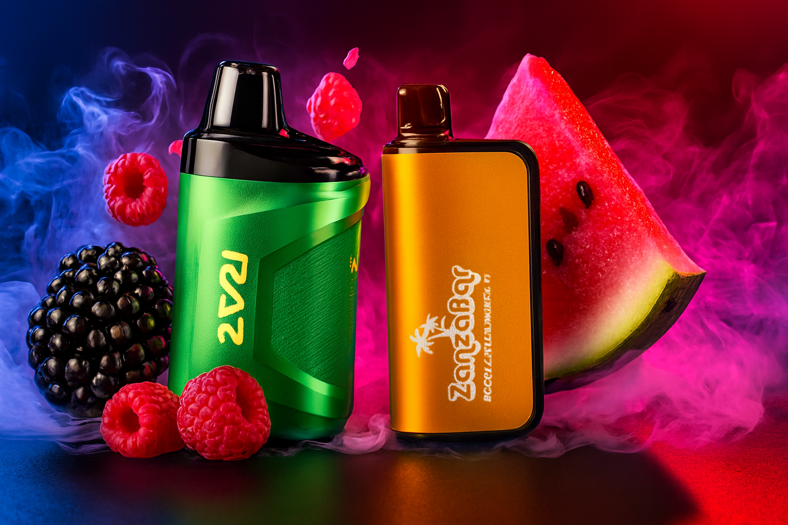 The image features two colorful vape devices set against a vibrant backdrop of swirling smoke and fresh fruits. The left device, in green and black, displays the bold yellow branding "RAZ," while the right device combines orange and black tones with the name "ZanZabar" and stylized text. Surrounding raspberries, blackberries, and a watermelon slice emphasize a fruity, refreshing flavor theme, enhanced by the dynamic lighting and energetic composition.