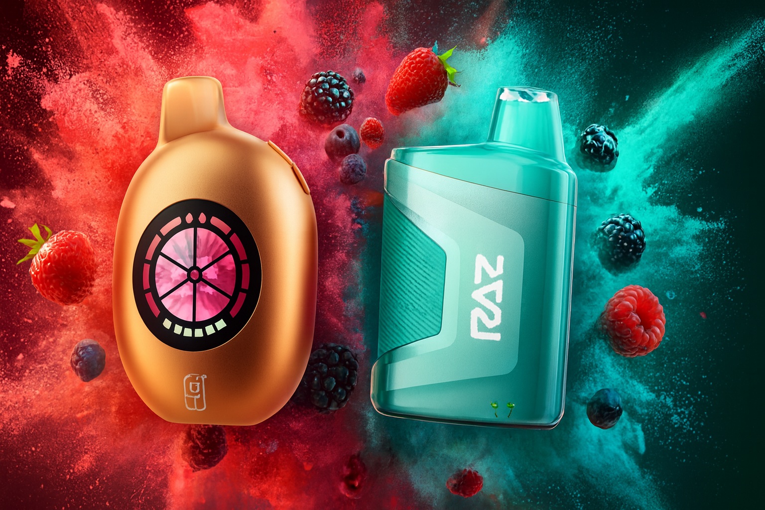 The image features two vibrant vape devices set against a dynamic backdrop of colorful powder and fresh berries. The left device, metallic orange with a circular fruit-slice design, contrasts with the right device in teal, illuminated with the brand name "RAZ." Surrounding strawberries, raspberries, blackberries, and blueberries enhance the fruity, refreshing theme, while red and teal powder bursts add energy and visual impact.
