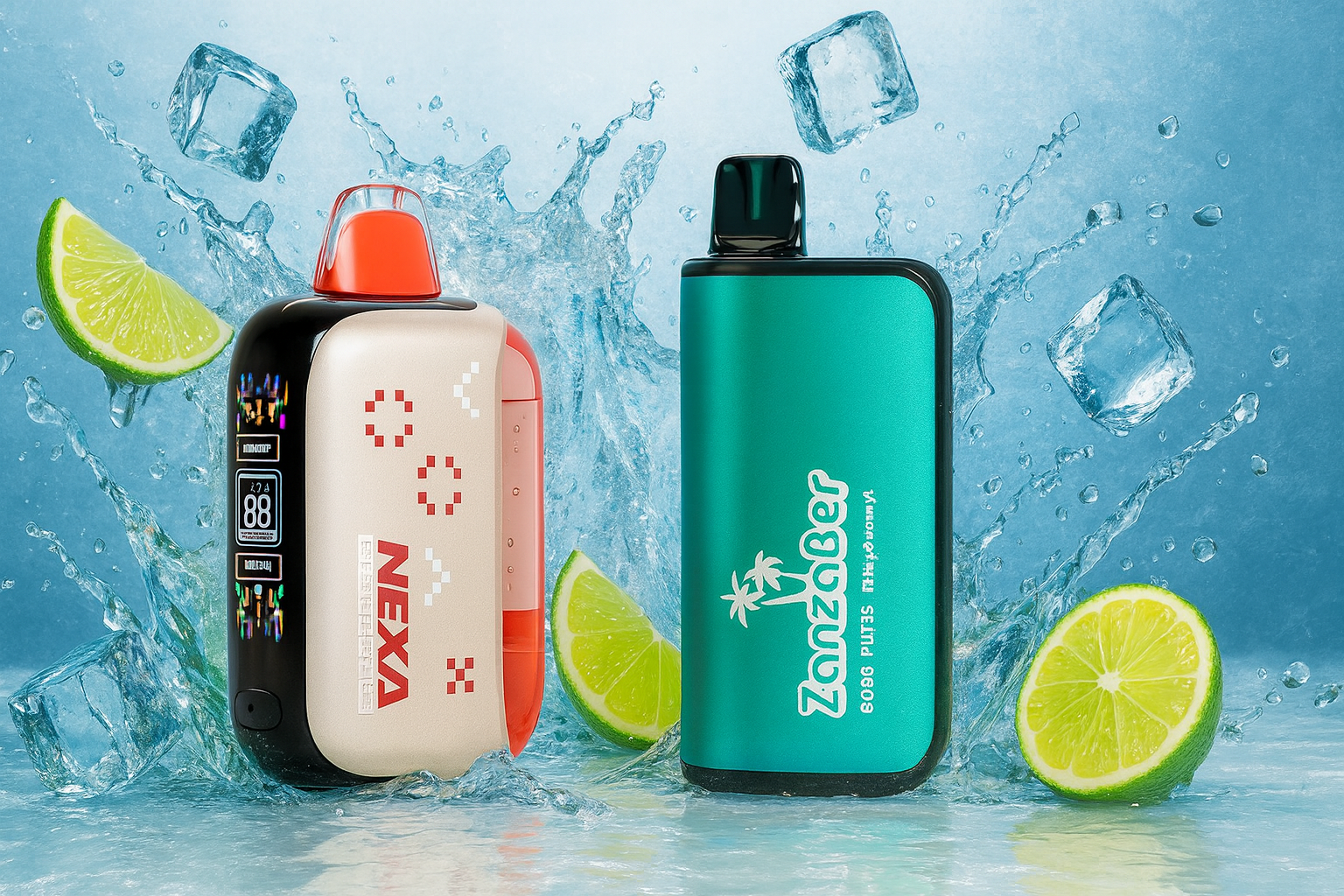 The image presents two vibrant vape devices set against a refreshing tropical backdrop. The left device, labeled "NEXA," features a retro pixel-style display with the number "88" and colorful accents. The right device, branded "Zanzaber," showcases palm tree graphics and the phrase "Recharge Plug & Play." Surrounding them are splashes of water, ice cubes, and lime slices, creating a cool, energizing atmosphere that highlights the tropical flavor experience.