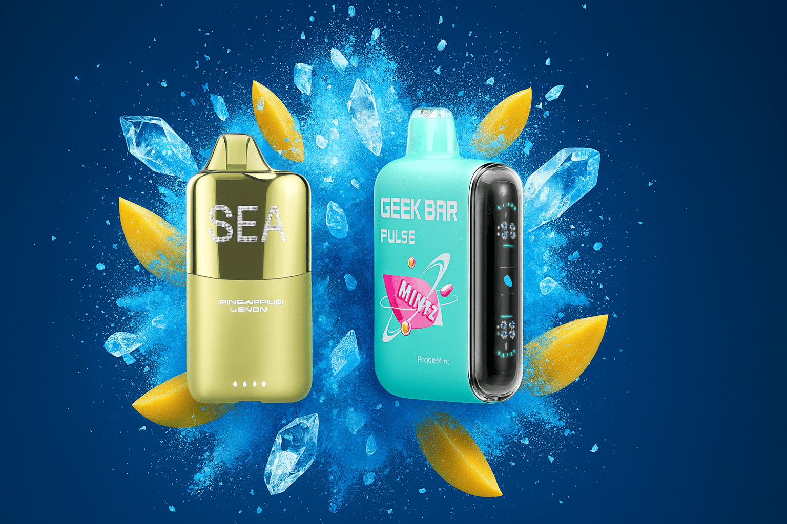 The image features two vibrant vape devices set against a cool blue background accented with ice crystals and juicy mango slices. On the left is a metallic gold device labeled "SEA" with the flavor "PINEAPPLE LEMON," while the right showcases a turquoise "GEEK BAR PULSE" with the word "MINTZ" and model name "ProgeMini." The composition evokes a refreshing, tropical sensation, highlighting the fruity and icy flavor profiles of the products.
