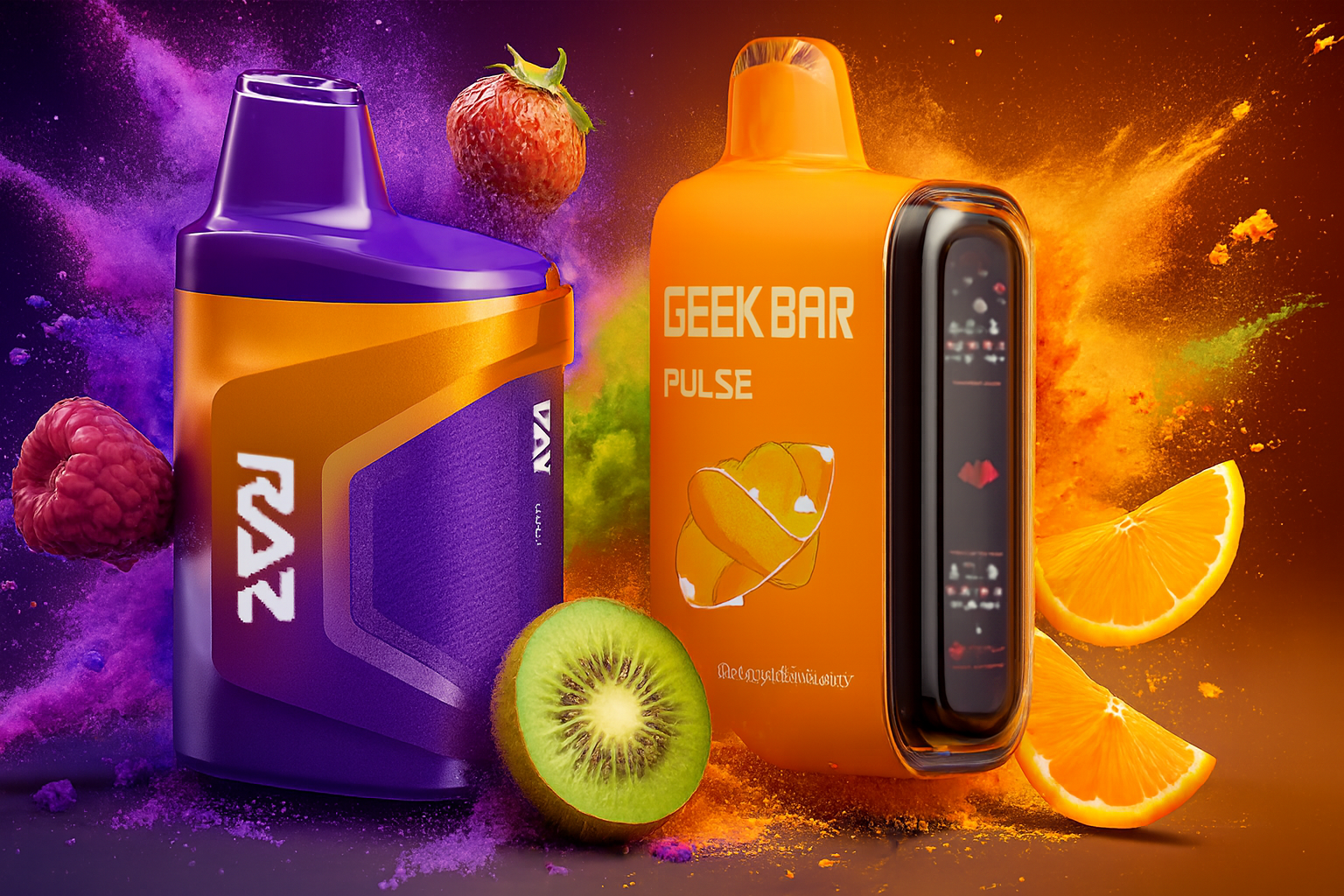 The image showcases two vibrant vape devices set against a dynamic backdrop of fruit and powder bursts. On the left, the "RAZ" device features a purple and orange design surrounded by raspberry, strawberry, and kiwi slices with a splash of purple powder. On the right, the "GEEK BAR PULSE" stands out in bright orange, accompanied by orange slices and matching powder, with a digital display and a stylized graphic labeled "OrangeDelightWavery." The composition emphasizes fruity freshness and bold flavor.