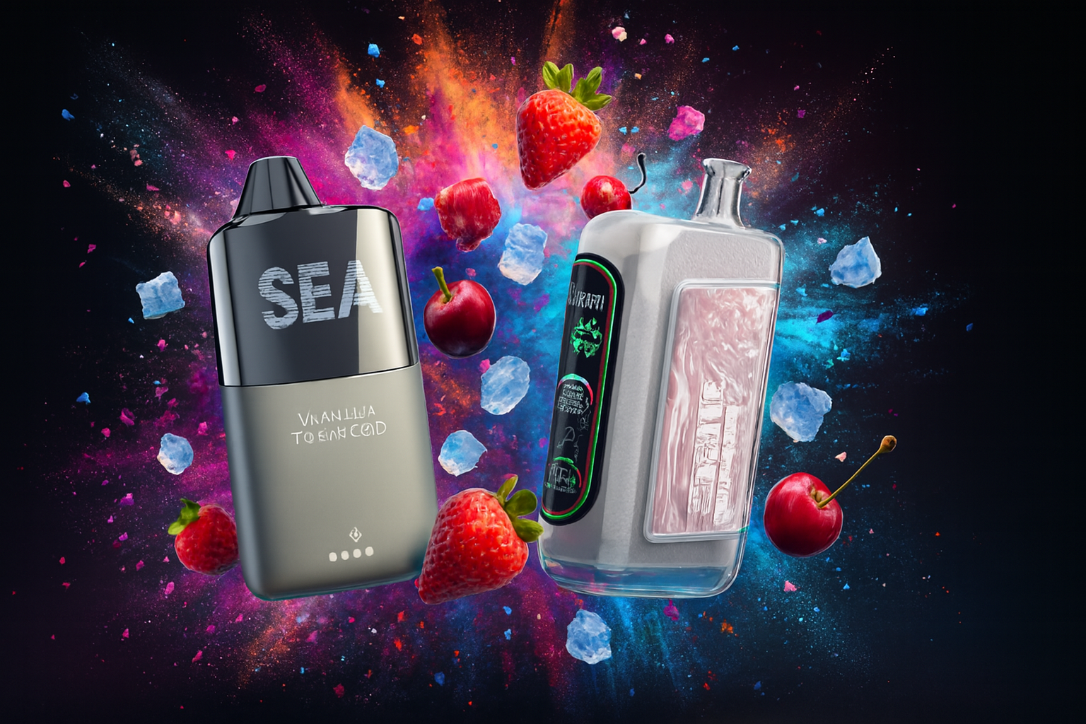 The image displays two vibrant vape devices set against a colorful backdrop of swirling pink, purple, blue, and orange powder. The left device, labeled "SEA," has a sleek metallic design with the phrase "VANILLA TO BANG GOD" and glowing indicator lights near the base. The right device, marked "SIRAPPI," features a transparent section filled with pink liquid, green and black accents, and a bottle-shaped mouthpiece. Surrounding them are strawberries, cherries, raspberries, and icy blue crystals, emphasizing a cool, fruity flavor experience.
