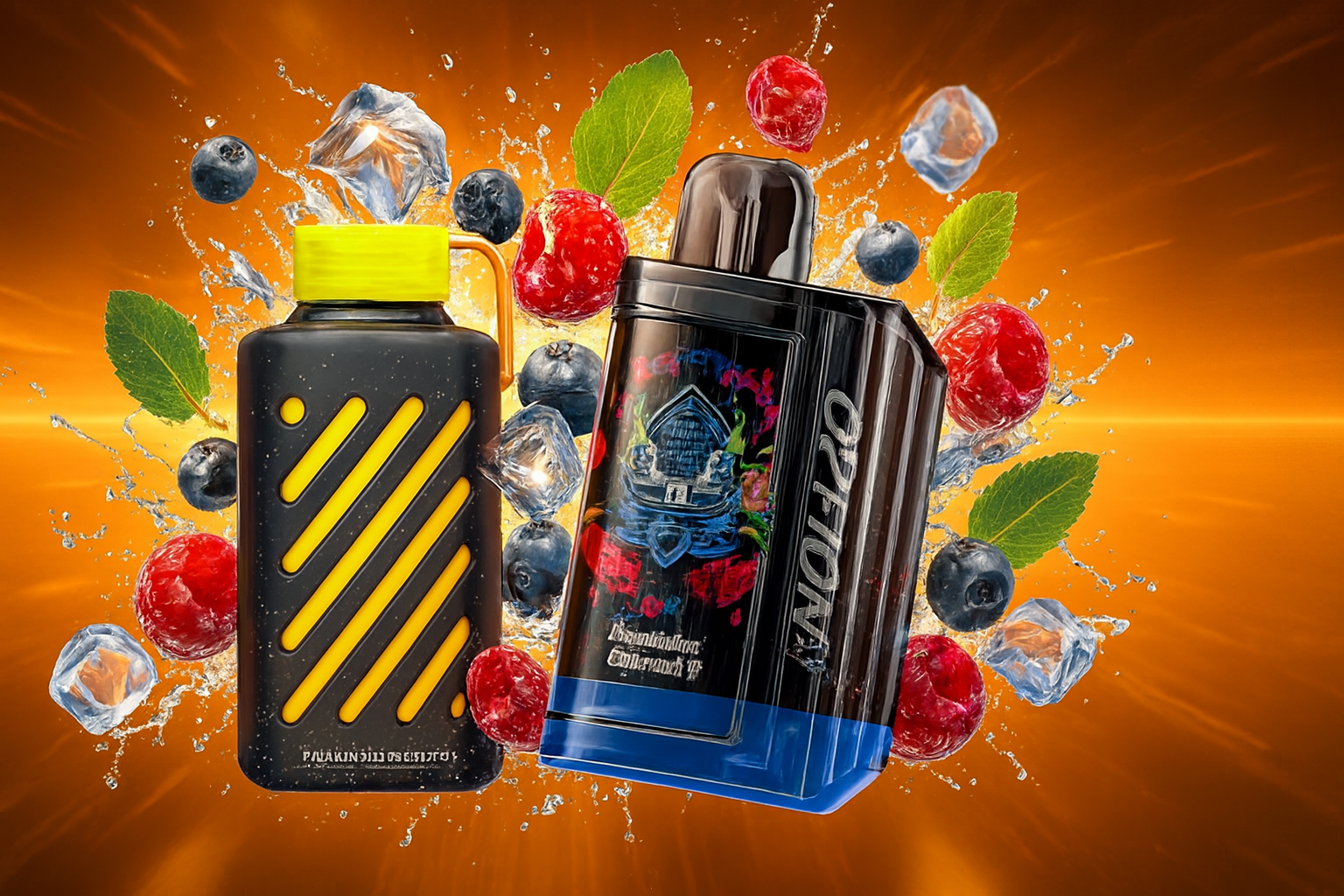 The image features two bold vape containers set against a vibrant orange backdrop with splashes of water, ice cubes, blueberries, raspberries, and mint leaves. The left container, black with yellow stripes and a yellow cap, displays stylized text near the base. The right container has a glossy black and blue finish with a gothic-style building graphic surrounded by roses, labeled "OPTOMA" and "Dissatisfaction Gothic Church 17." The dynamic composition and rich color palette suggest a refreshing, dramatic flavor experience.