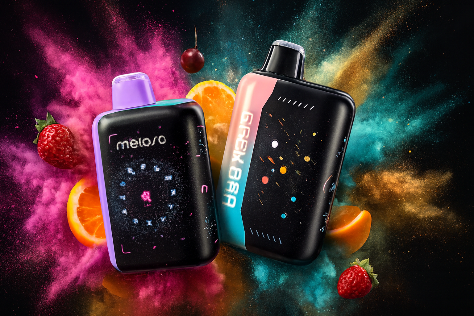 The image presents two sleek vape devices set against a vibrant backdrop of splashes in pink, teal, and orange. The left device, labeled "meloso," features a purple mouthpiece and a circular pattern of blue and pink symbols. The right device, marked "GEEK BAR," displays multicolored dots along a pink and teal stripe with a black mouthpiece. Surrounding them are strawberries, cherries, and orange slices, emphasizing the fruity and refreshing flavor profiles.