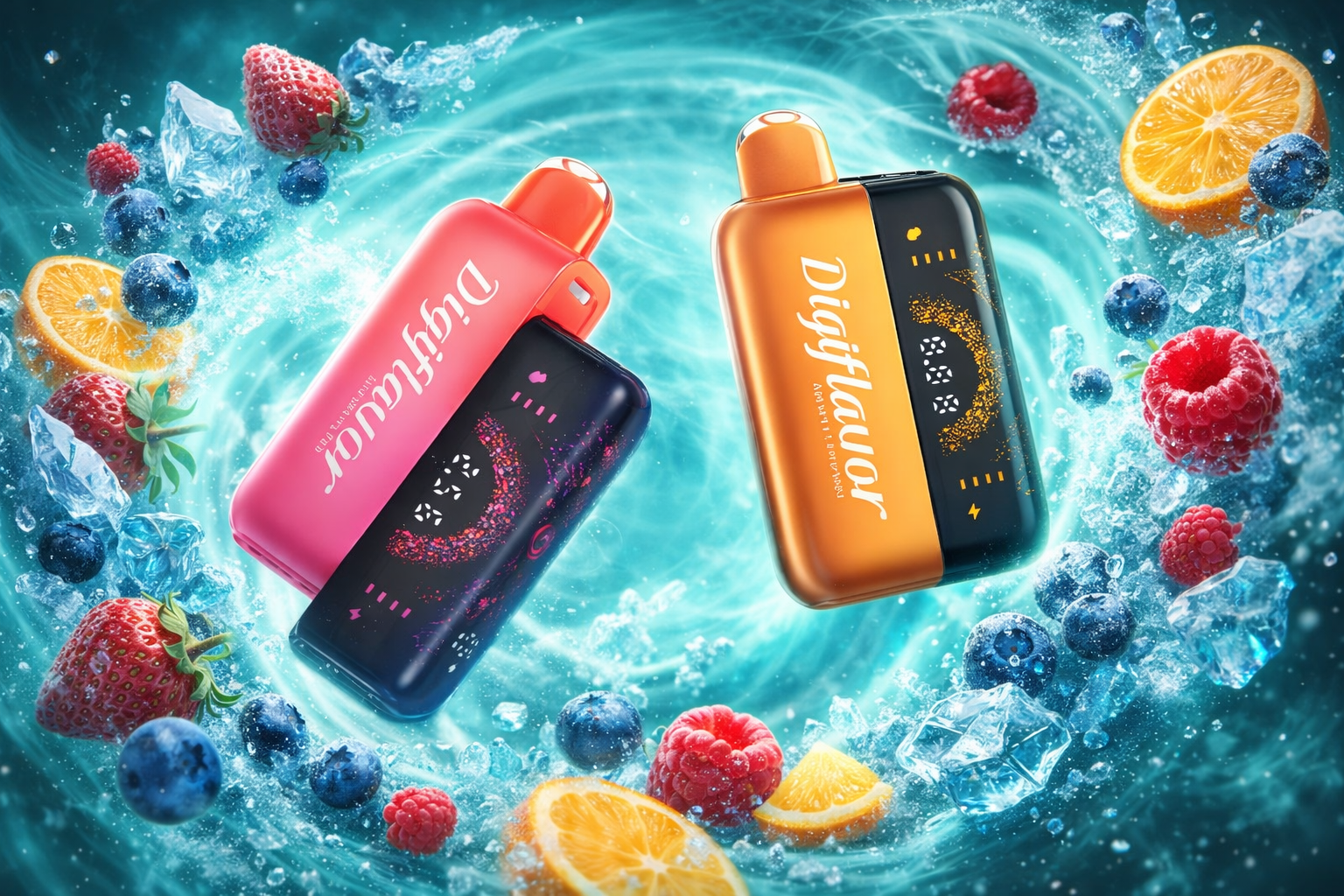 The photo shows two brightly colored vaping devices labeled “Digiflavor,” one in pink and the other in orange. They float in a dynamic, water-like background filled with splashes, ice cubes, and vibrant fruits such as strawberries, blueberries, raspberries, and orange slices. The overall composition creates a refreshing and energetic atmosphere that emphasizes flavor and coolness.