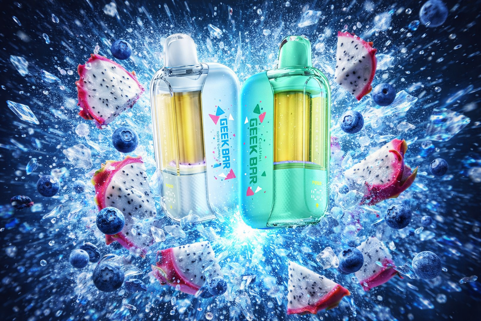 The photo features two brightly colored vape devices labeled “GEEK BAR,” one in light blue and the other in turquoise green. They are surrounded by dynamic splashes, ice shards, blueberries, and dragon fruit pieces, creating a refreshing and fruity atmosphere. The turquoise device is marked “COOL MINT,” emphasizing a cool, invigorating flavor theme.