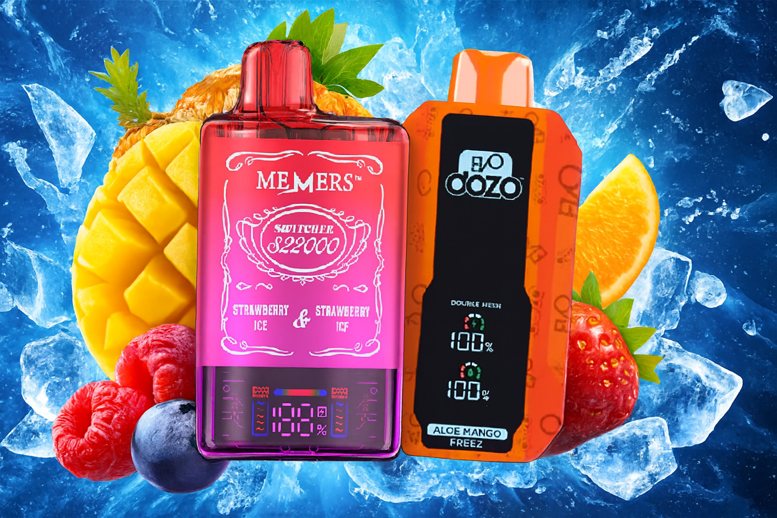 The image features two colorful vape devices set against a lively backdrop of ice cubes and tropical fruits like mango, orange, strawberry, raspberry, and blueberry. The left device, labeled "MEMERS SWITCHER S22000," has a bright pink design and displays the flavor "STRAWBERRY ICE & STRAWBERRY ICE." The right device, marked "DOZO DOUBLE MESH," combines orange and black tones with the flavor "ALOE MANGO FREEZ" and dual digital indicators showing "100%." The composition bursts with fruity freshness and vibrant energy.