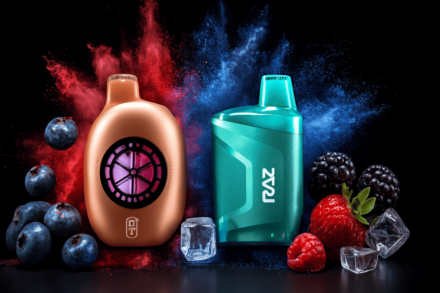 The image features two vape devices set against a dramatic burst of red and blue powder, surrounded by fresh fruits and ice cubes. The left device has a bronze finish with a glowing purple fan-like design at its center, while the right one is teal with the brand name "RAZ" printed vertically in white. Blueberries, blackberries, strawberries, raspberries, and ice cubes enhance the vibrant, flavorful atmosphere, highlighting the bold and refreshing character of the products.