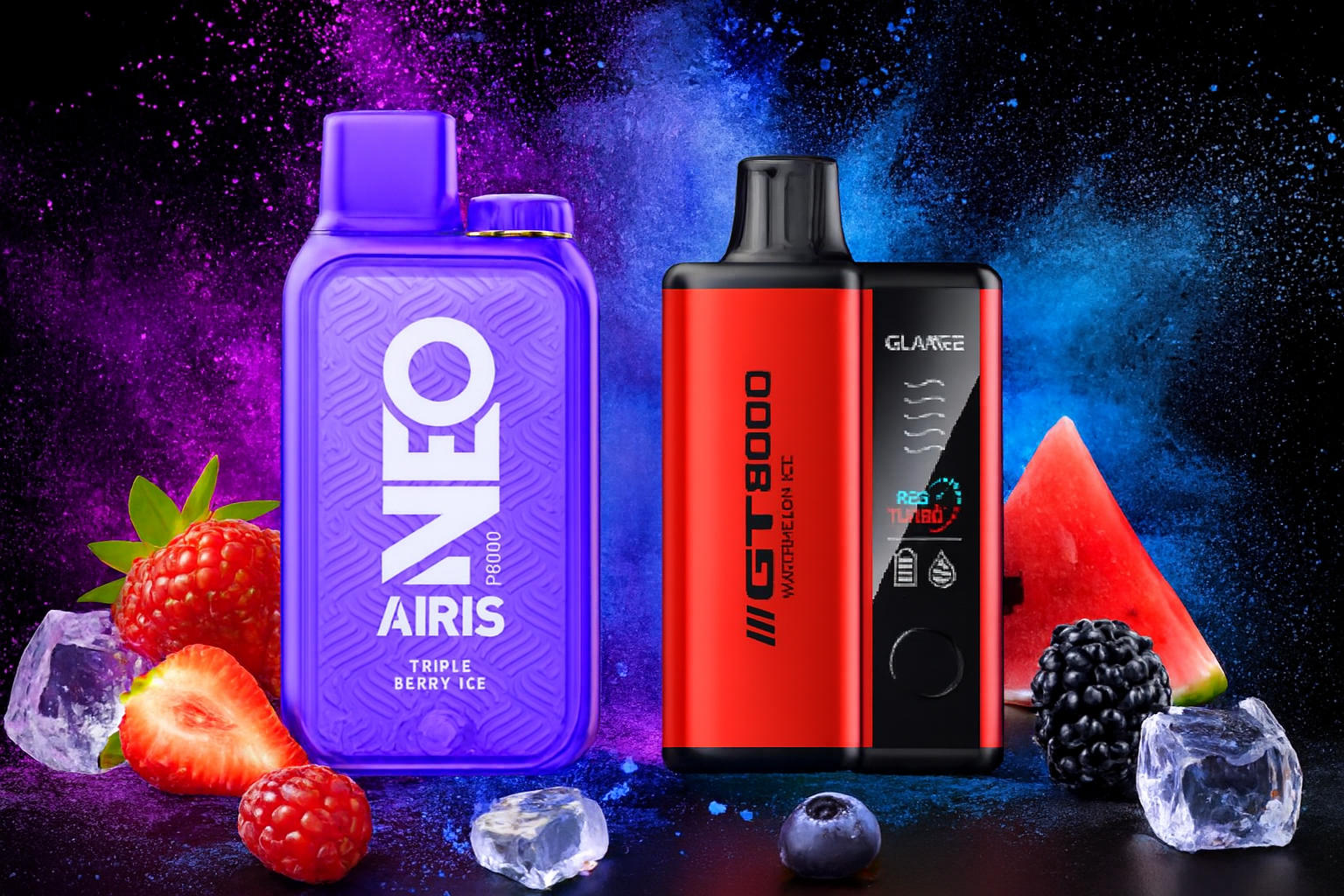 The image presents two vibrant vape devices against a dynamic backdrop of purple and blue powder clouds. The left device, labeled "NEO AIRIS P8000," features a sleek purple design and the flavor "TRIPLE BERRY ICE," surrounded by ice cubes and assorted berries. The right device, branded "GT8000 WATERMELON ICE" by "GLANCE," has a bold red and black look with a digital display showing "REG TURBO," accompanied by watermelon slices and more berries. The composition bursts with fruity freshness and modern energy.